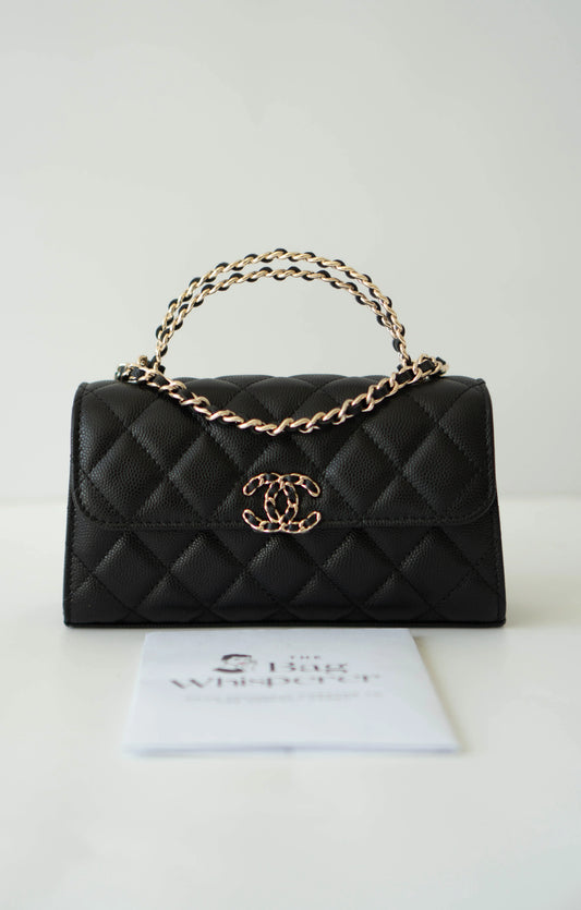 23p Top Handle with Chain in Black Shiny Lambskin with Light Gold hardware