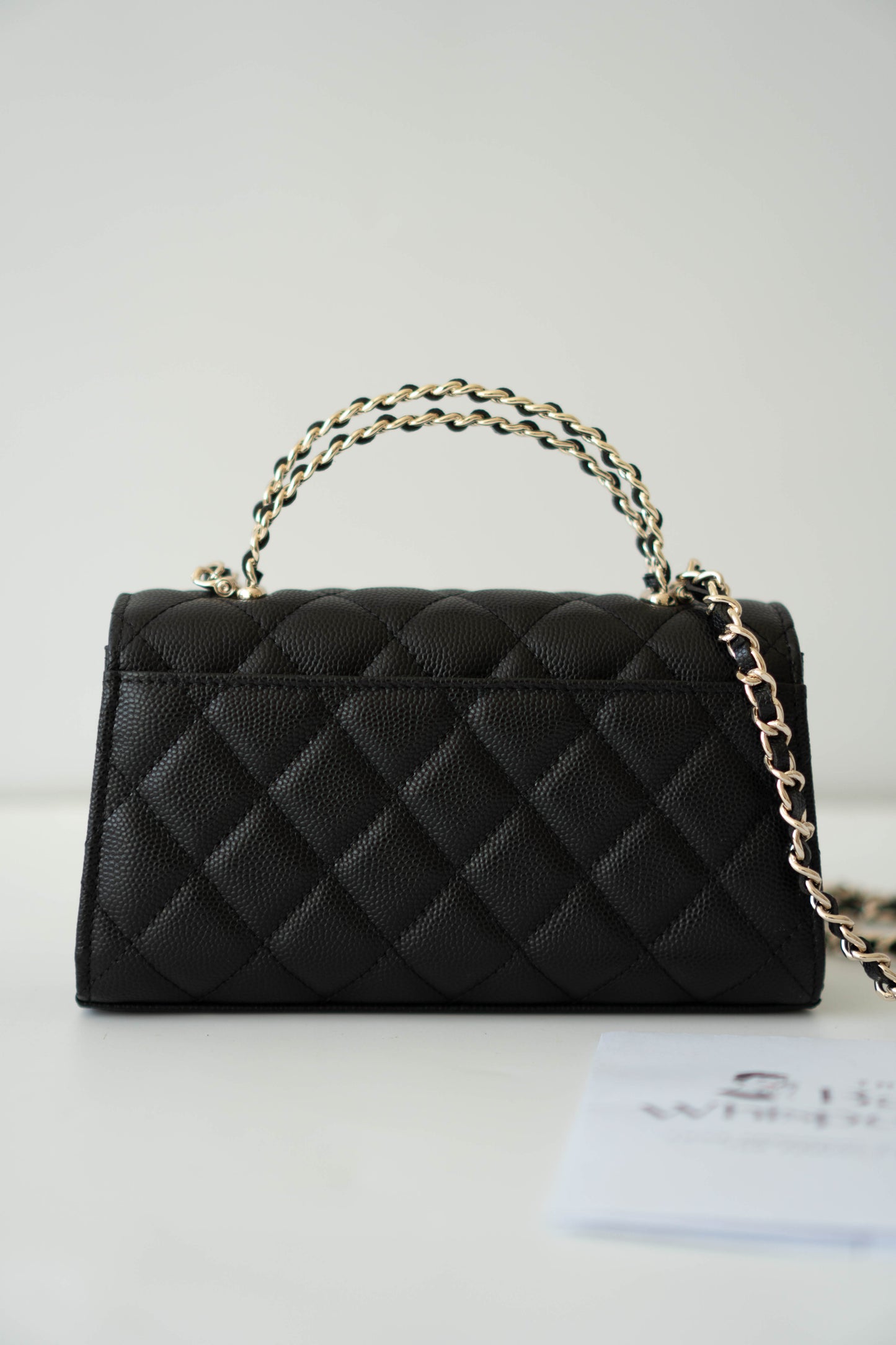 23p Top Handle with Chain in Black Shiny Lambskin with Light Gold hardware