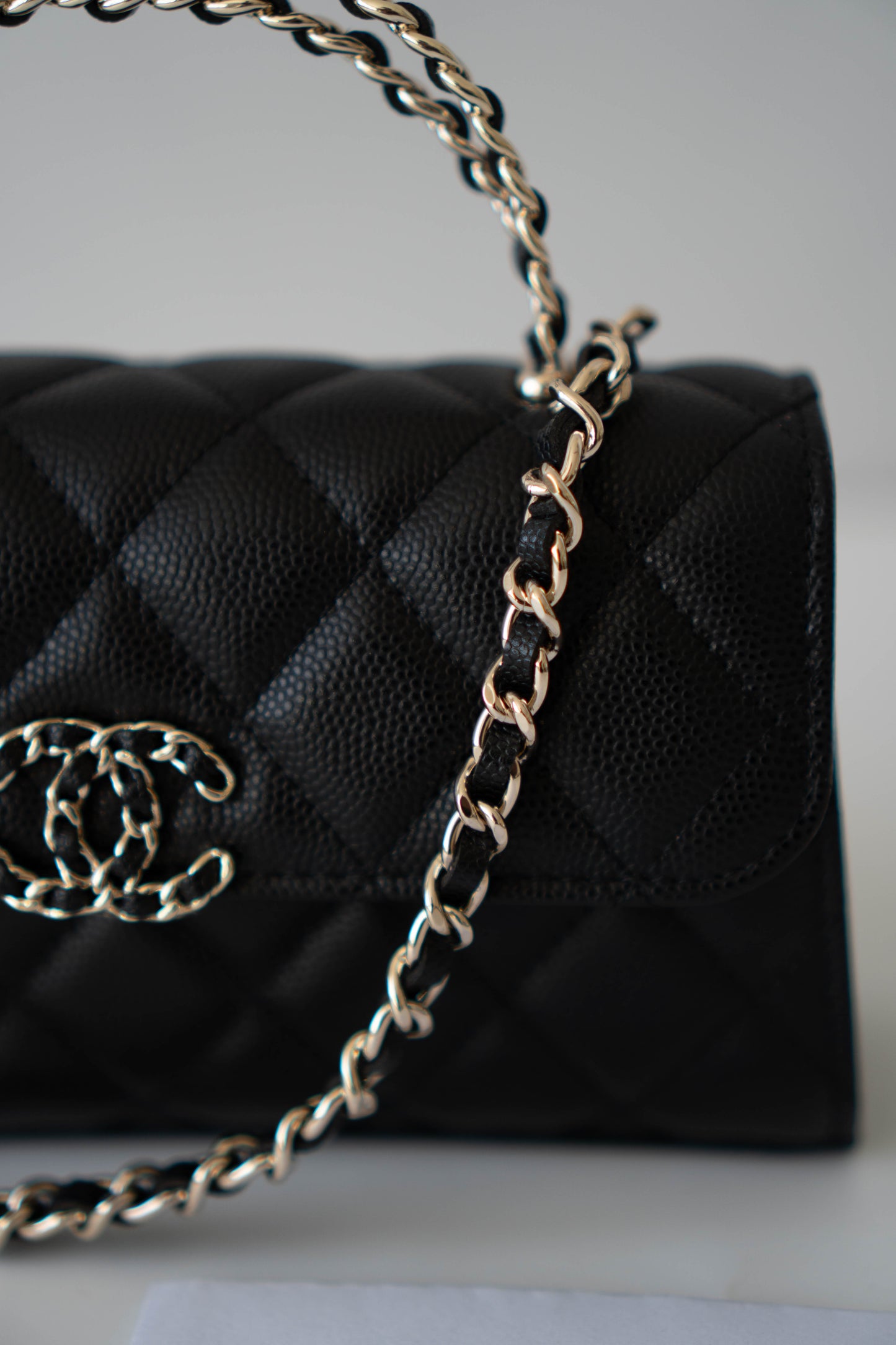 23p Top Handle with Chain in Black Shiny Lambskin with Light Gold hardware