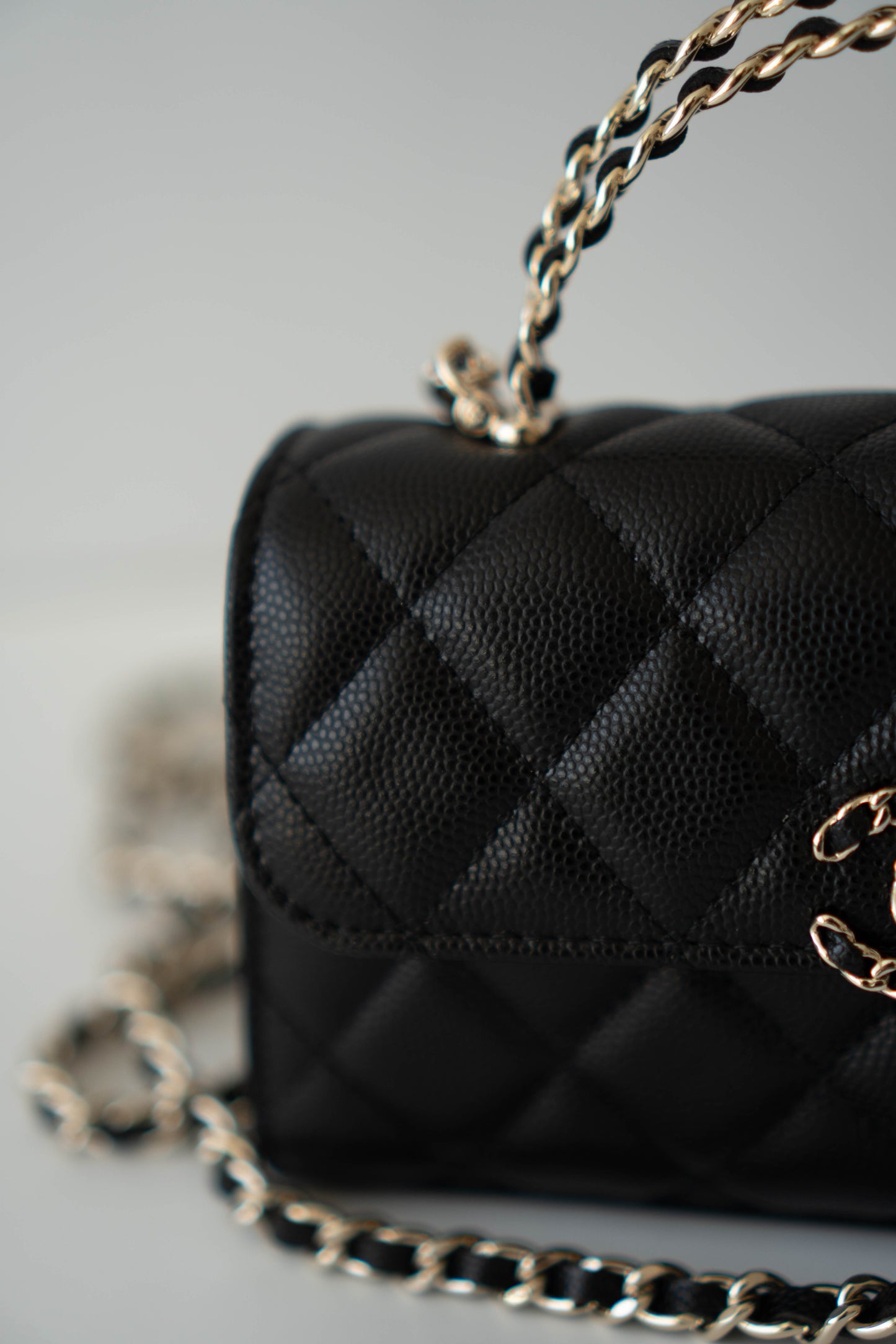 23p Top Handle with Chain in Black Shiny Lambskin with Light Gold hardware