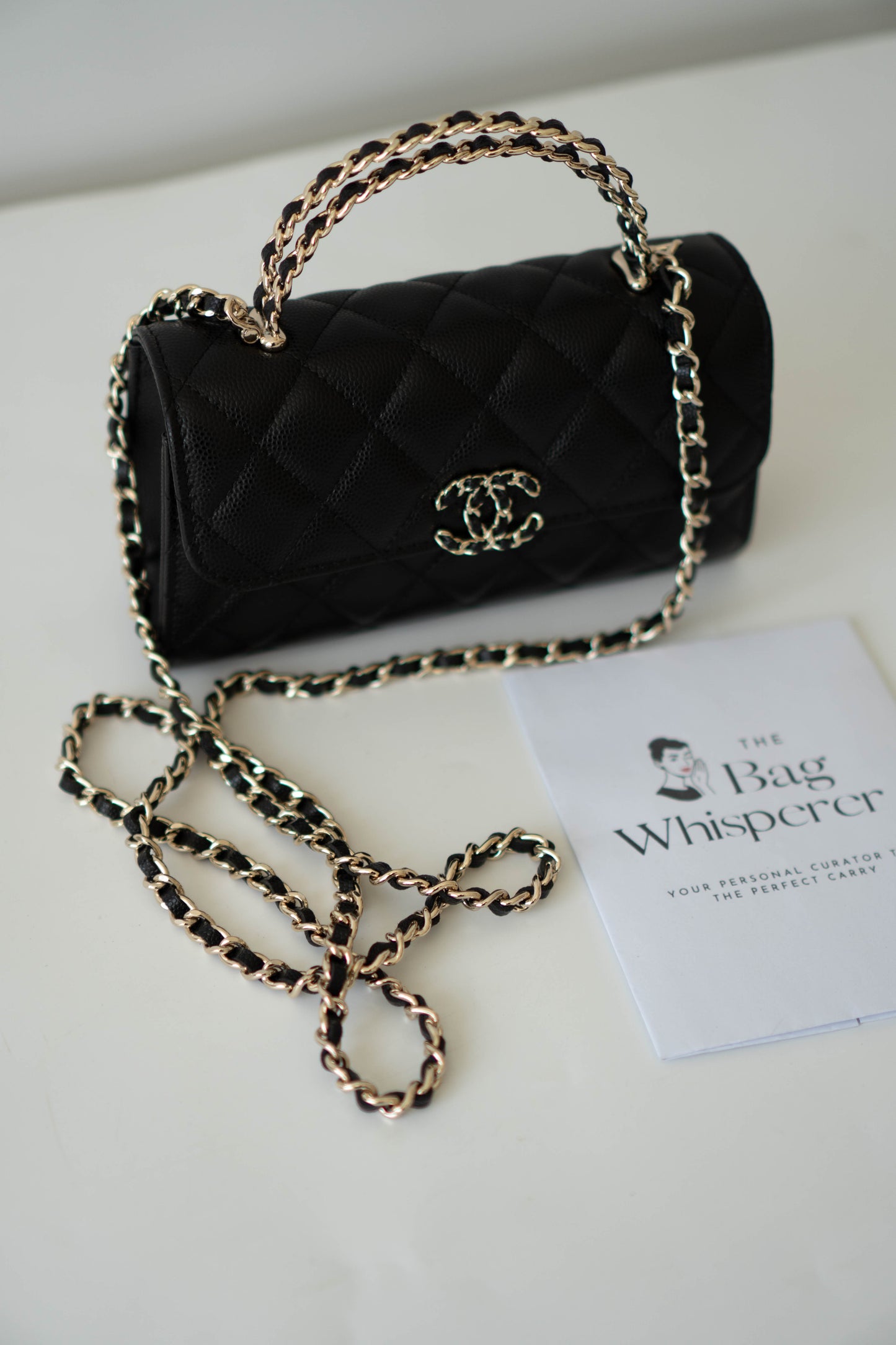 23p Top Handle with Chain in Black Shiny Lambskin with Light Gold hardware