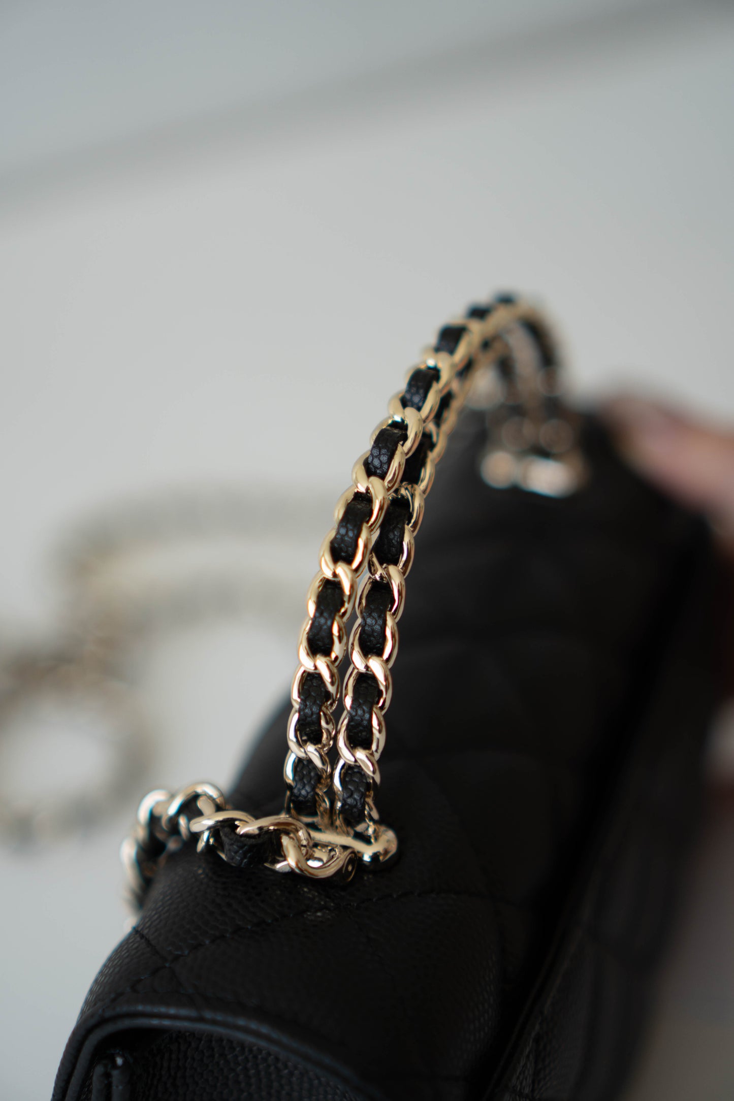 23p Top Handle with Chain in Black Shiny Lambskin with Light Gold hardware