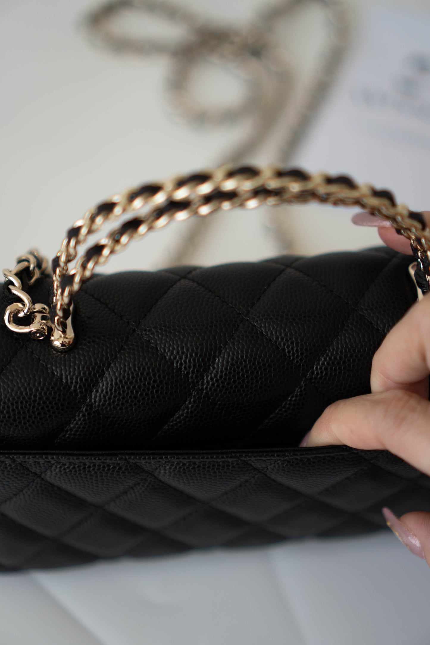 23p Top Handle with Chain in Black Shiny Lambskin with Light Gold hardware