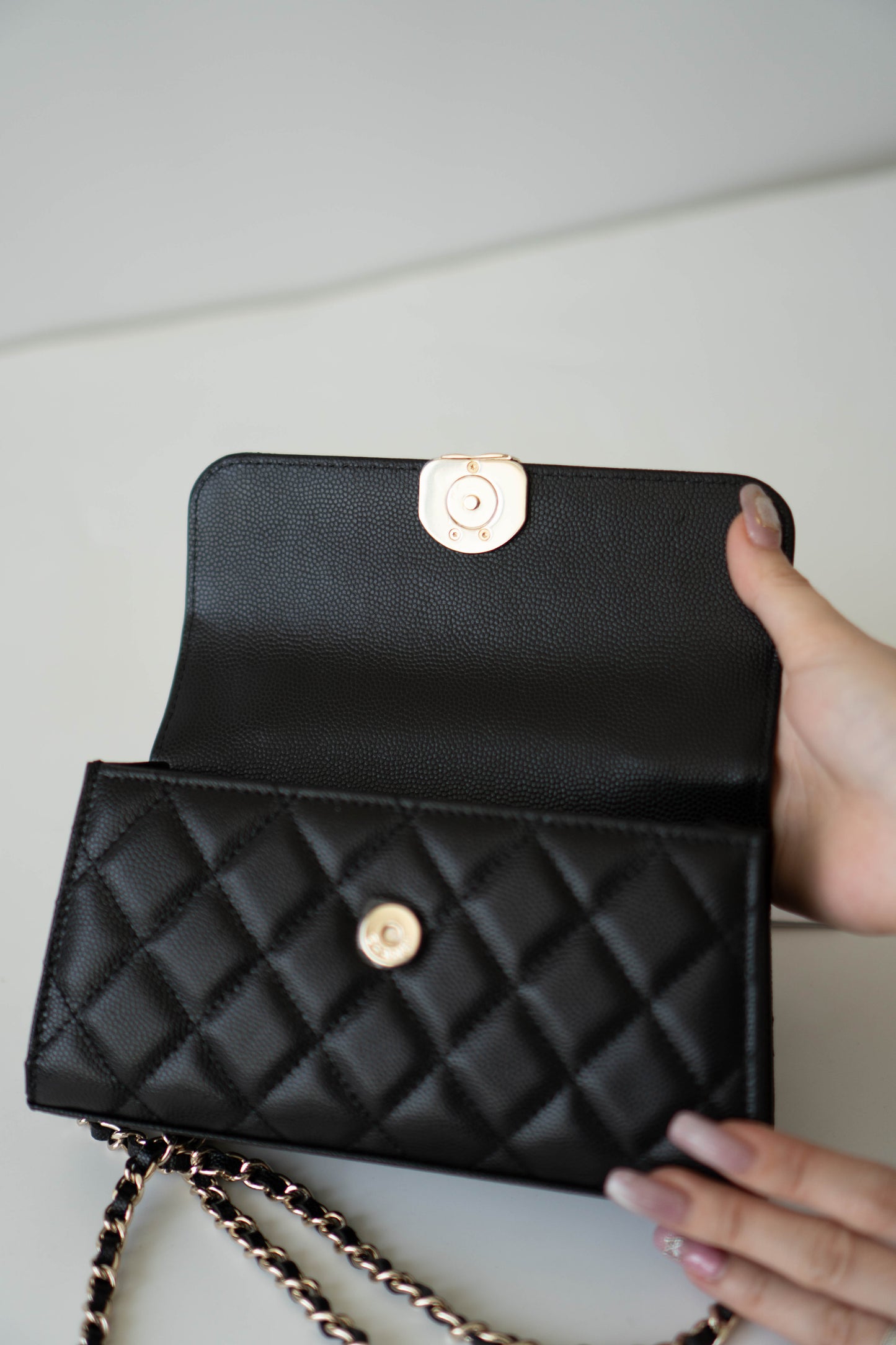 23p Top Handle with Chain in Black Shiny Lambskin with Light Gold hardware