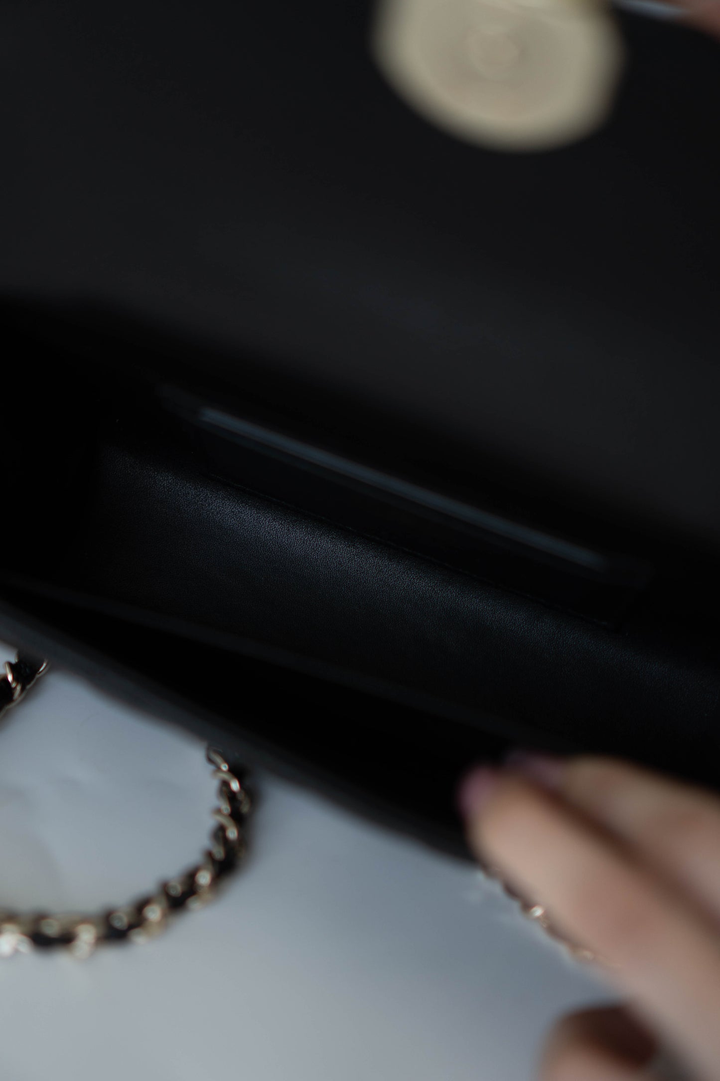 23p Top Handle with Chain in Black Shiny Lambskin with Light Gold hardware