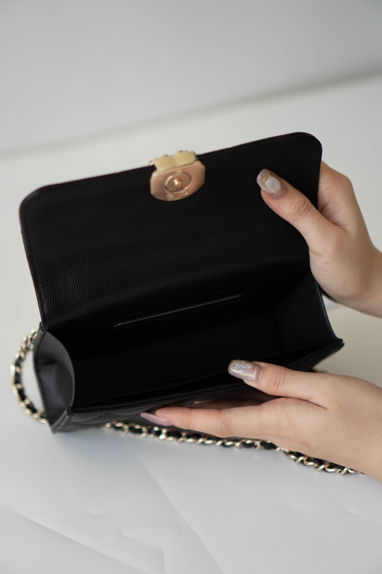 23p Top Handle with Chain in Black Shiny Lambskin with Light Gold hardware