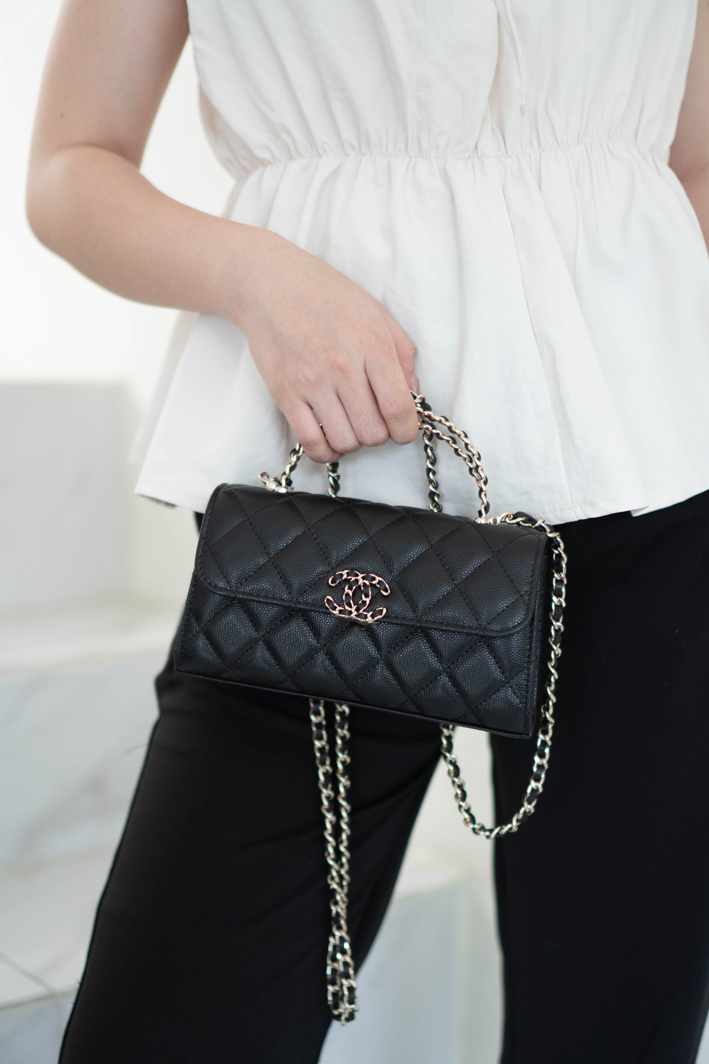 23p Top Handle with Chain in Black Shiny Lambskin with Light Gold hardware
