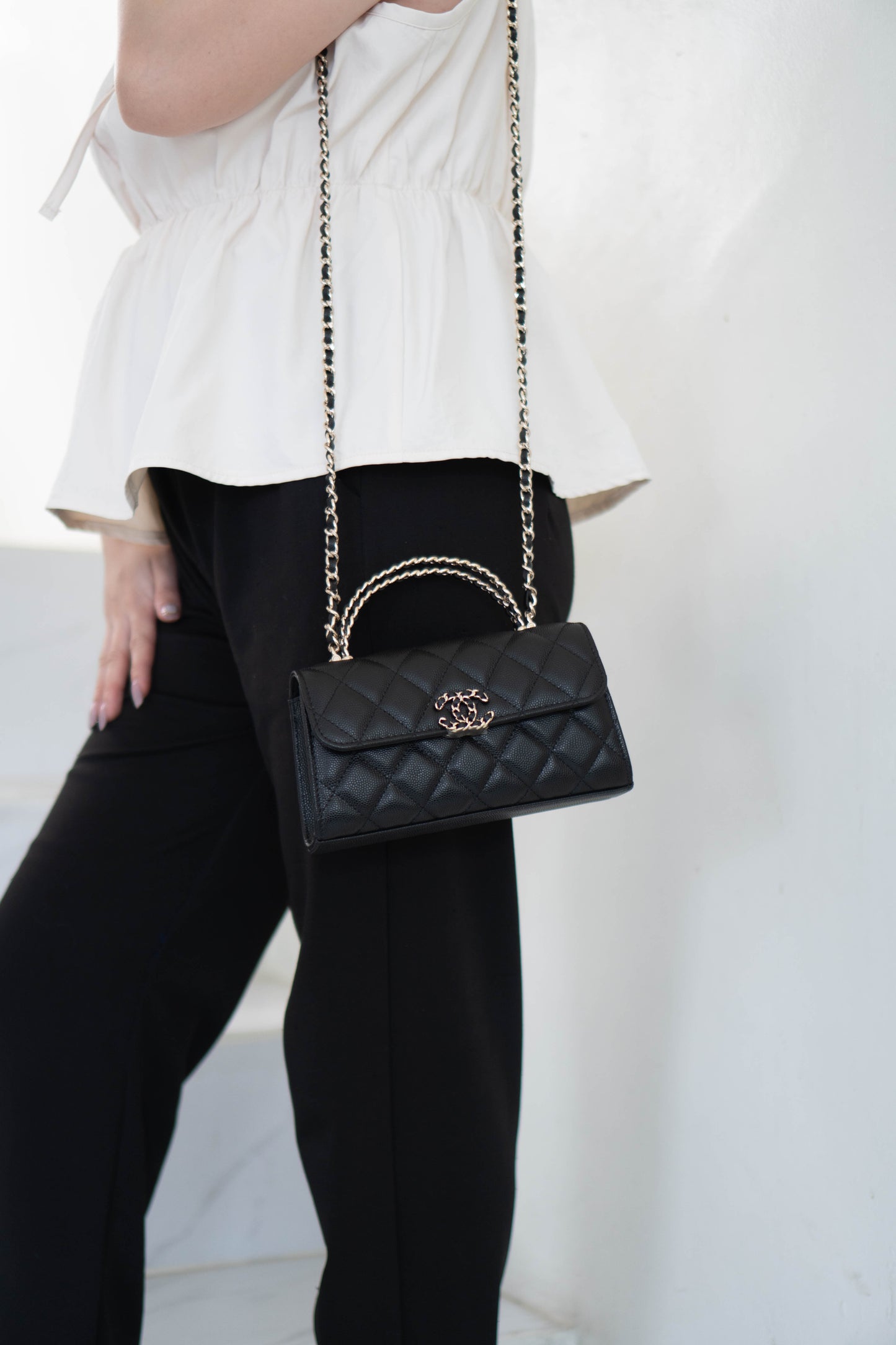 23p Top Handle with Chain in Black Shiny Lambskin with Light Gold hardware