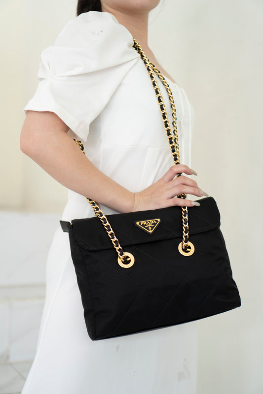 Quilted Nylon Tessuto Impuntu Chain Shoulder Bag – Black with Gold Hardware