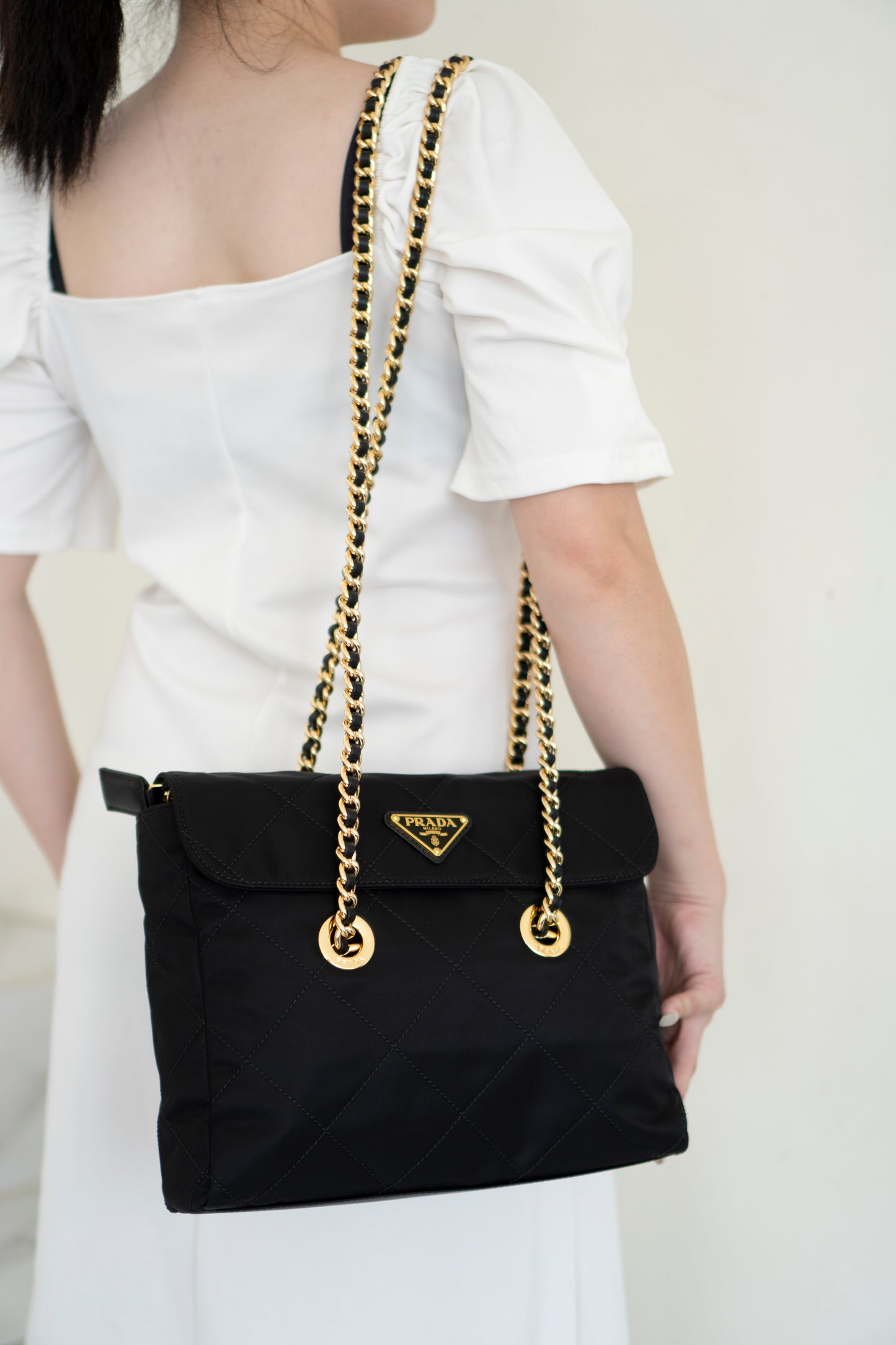 Quilted Nylon Tessuto Impuntu Chain Shoulder Bag – Black with Gold Hardware