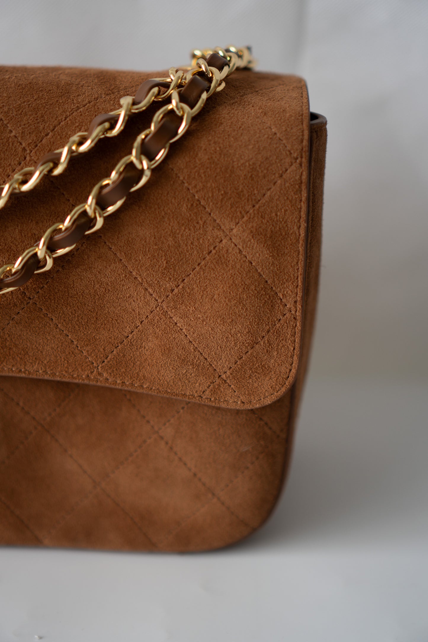 Quilted Maxi Flap Bag – Camel Suede with Gold Hardware