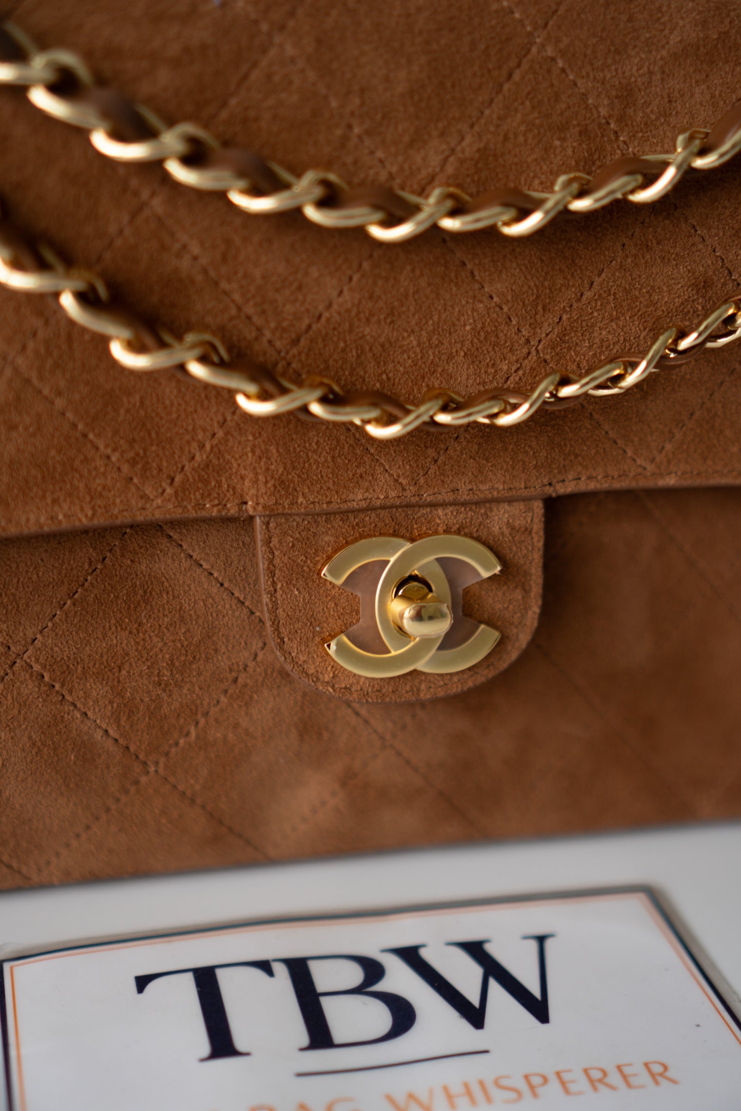 Quilted Maxi Flap Bag – Camel Suede with Gold Hardware