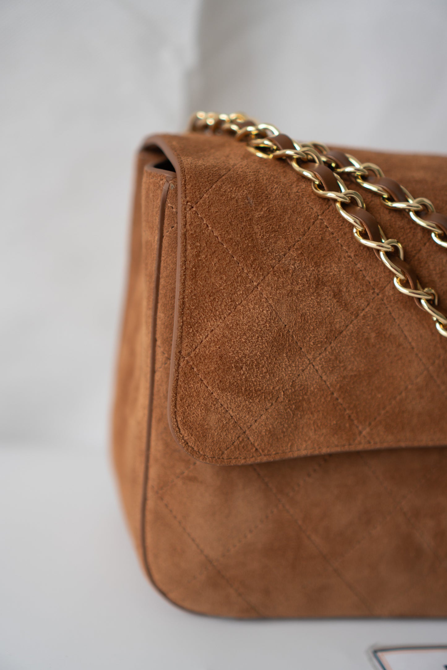 Quilted Maxi Flap Bag – Camel Suede with Gold Hardware