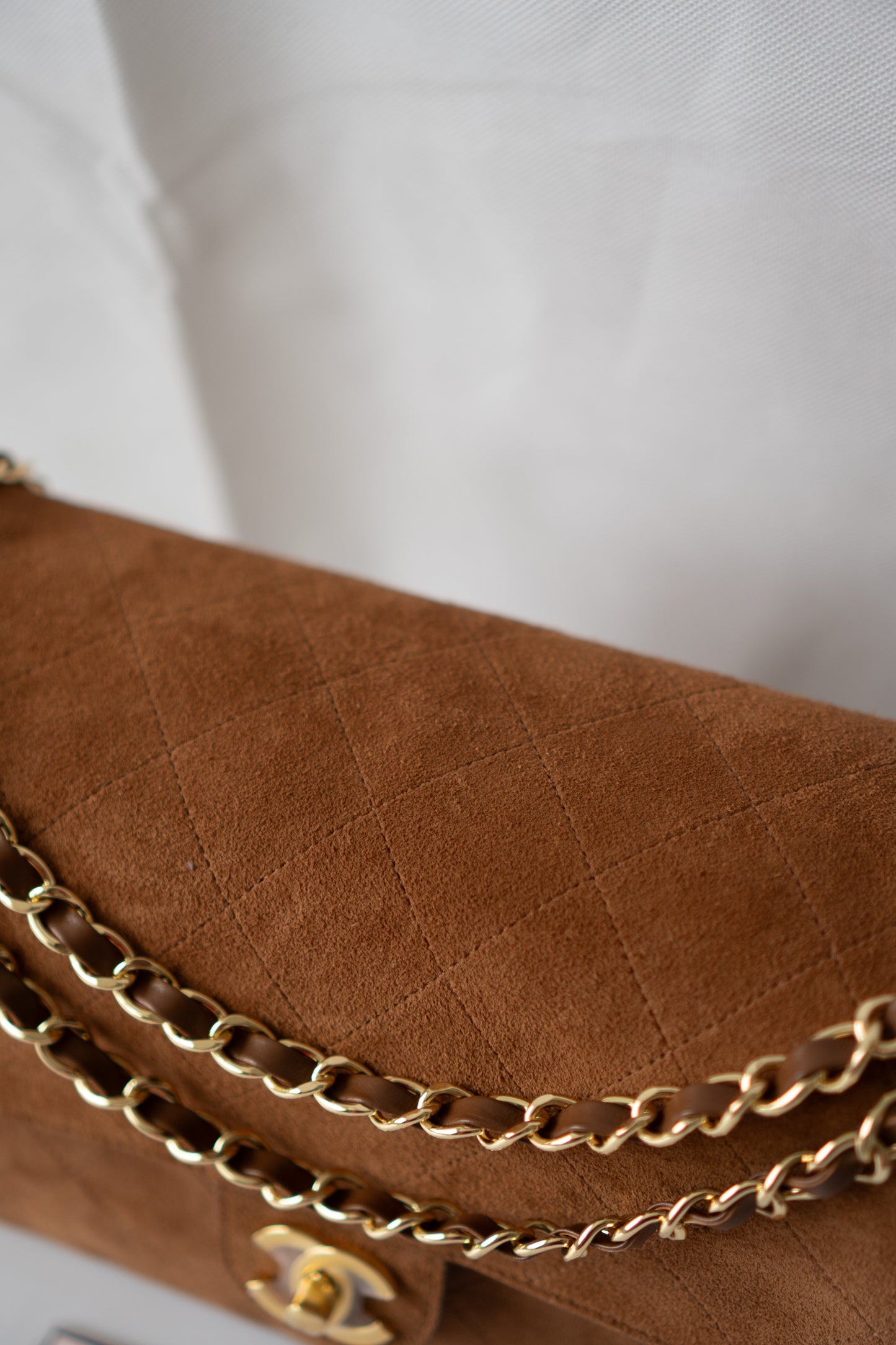 Quilted Maxi Flap Bag – Camel Suede with Gold Hardware