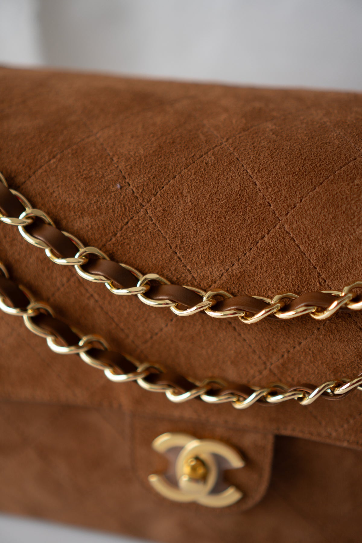 Quilted Maxi Flap Bag – Camel Suede with Gold Hardware