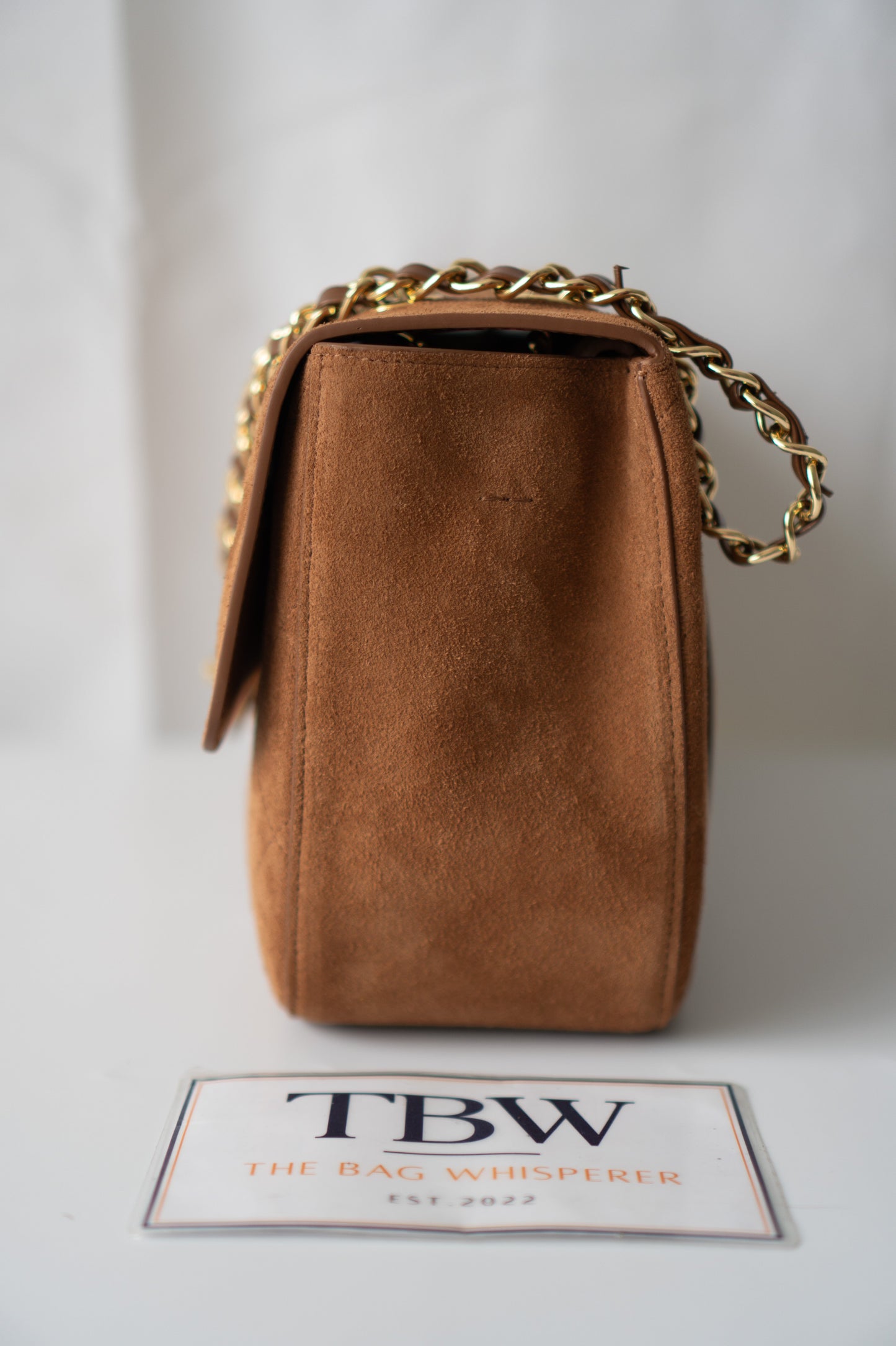 Quilted Maxi Flap Bag – Camel Suede with Gold Hardware