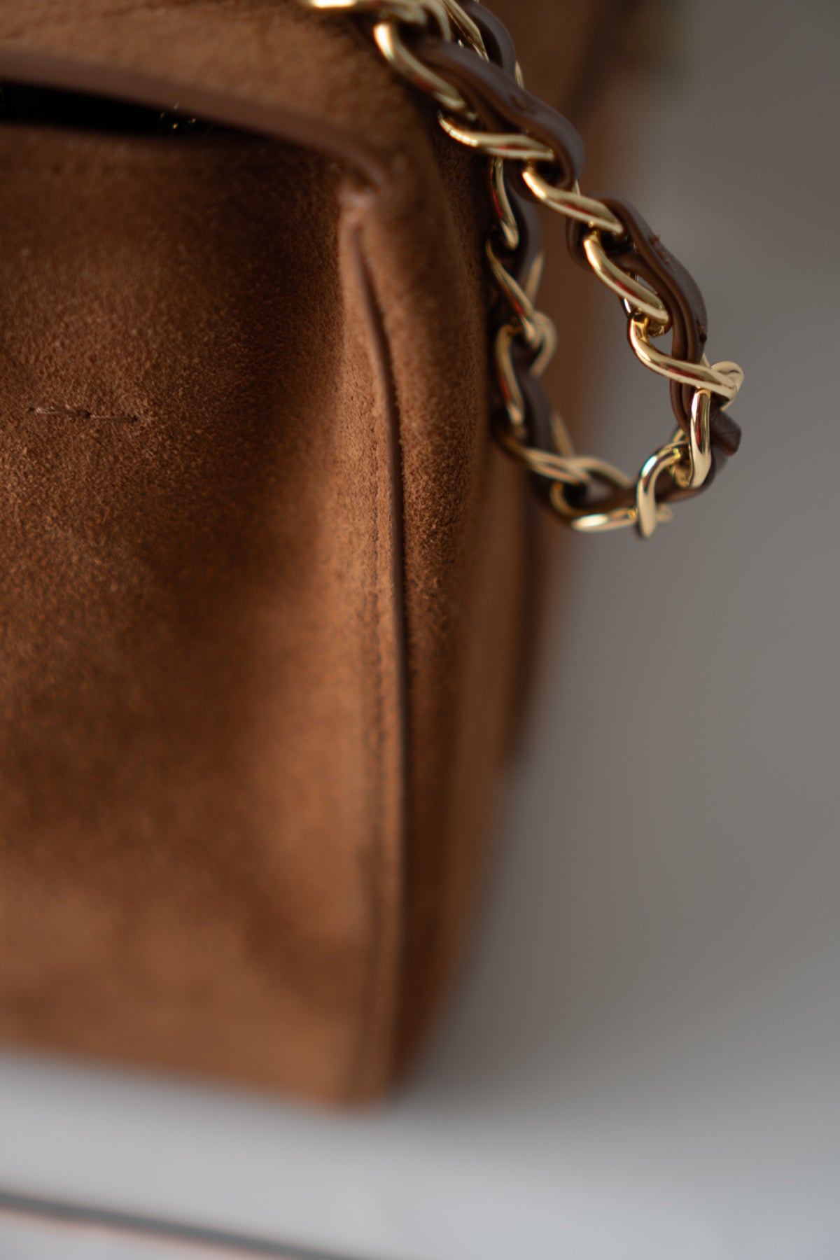 Quilted Maxi Flap Bag – Camel Suede with Gold Hardware