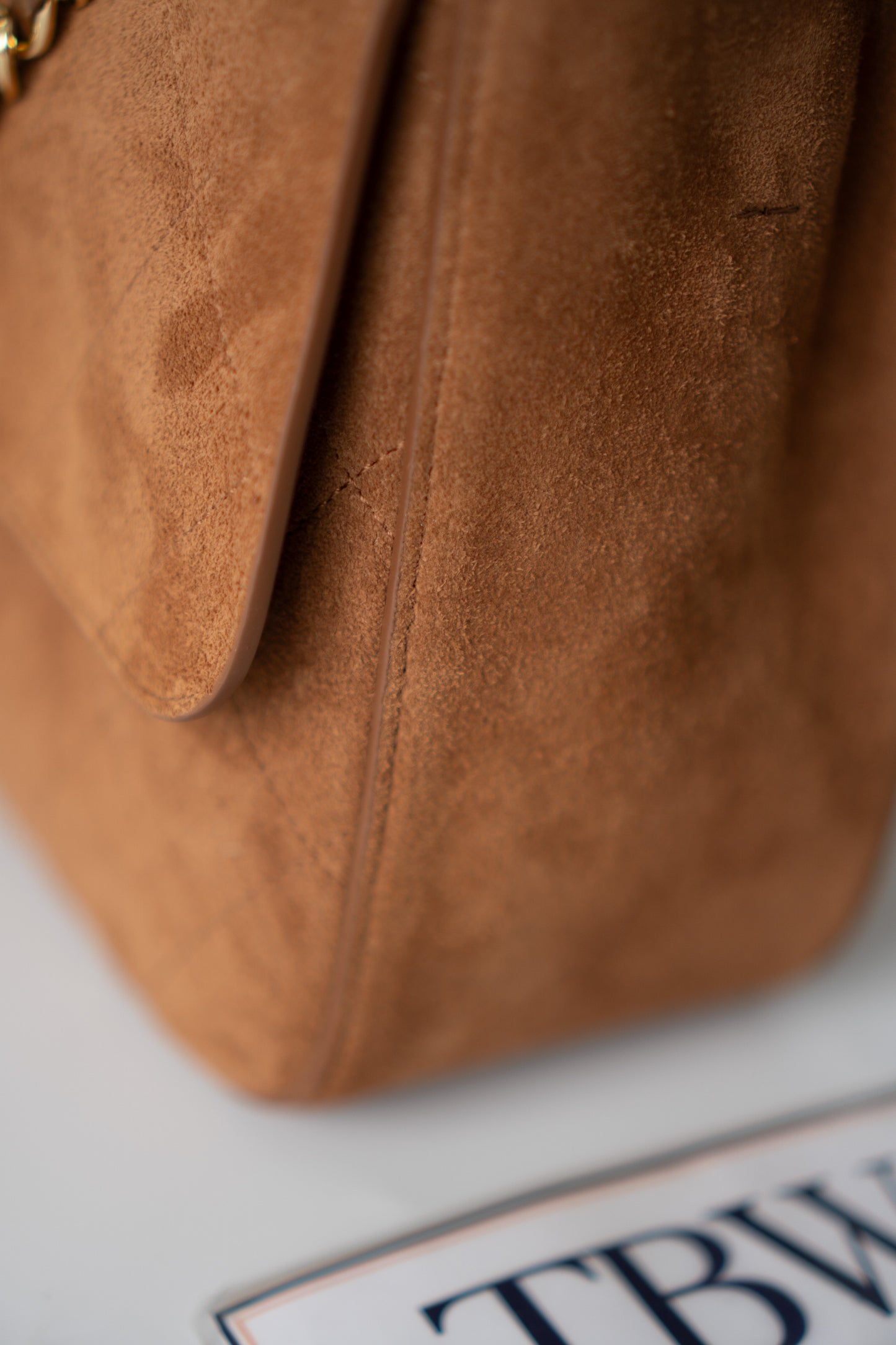Quilted Maxi Flap Bag – Camel Suede with Gold Hardware