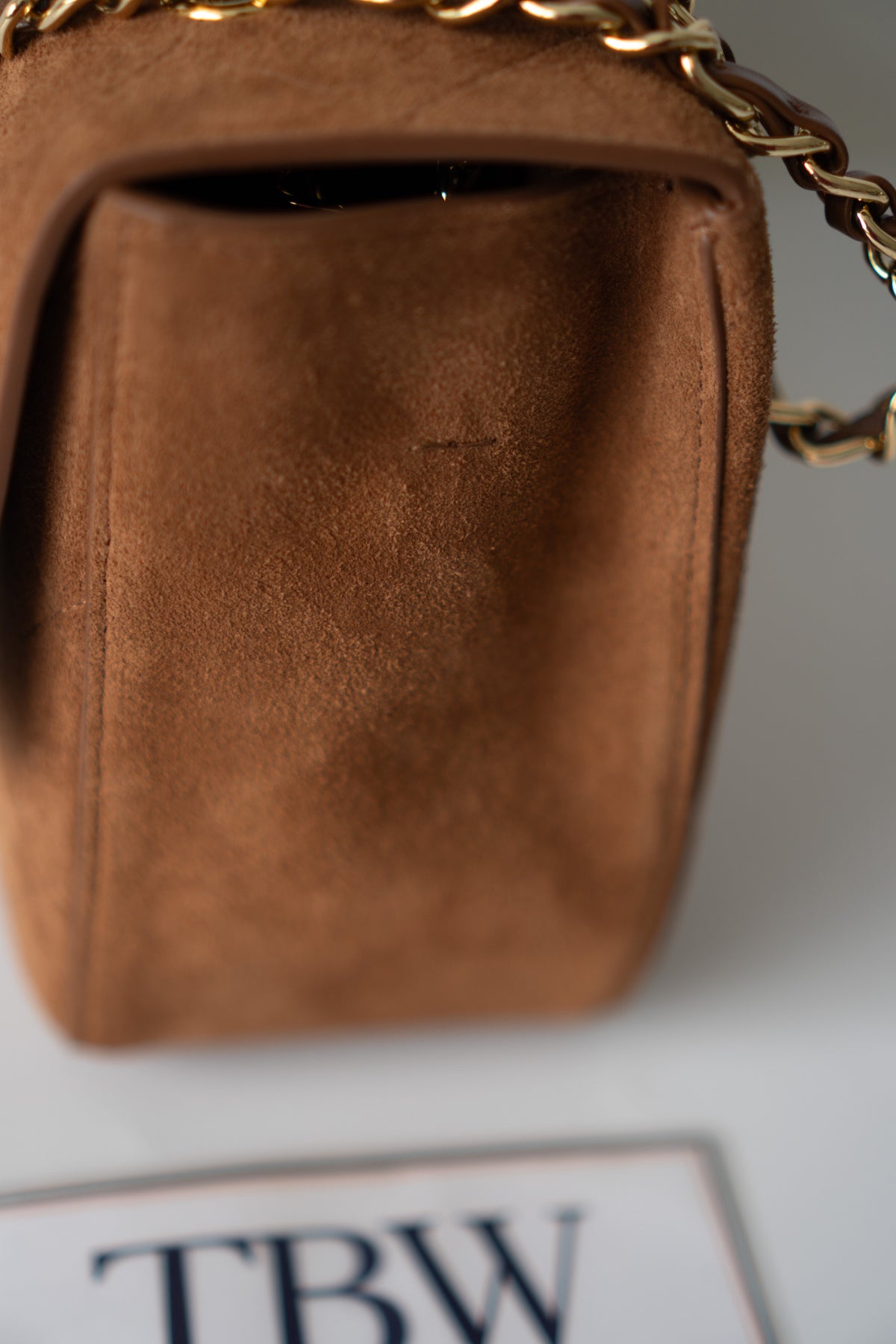 Quilted Maxi Flap Bag – Camel Suede with Gold Hardware
