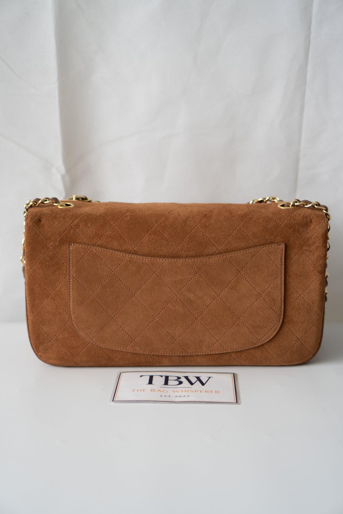 Quilted Maxi Flap Bag – Camel Suede with Gold Hardware