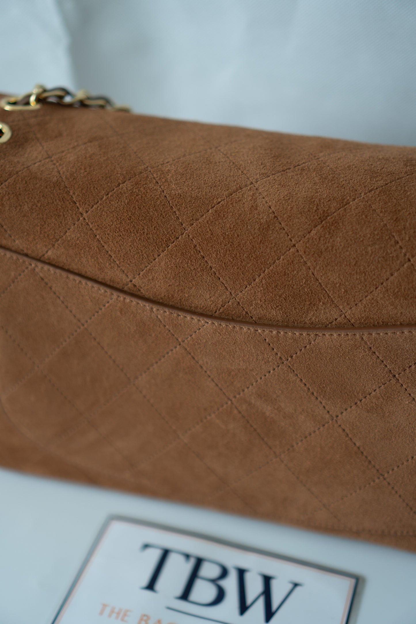 Quilted Maxi Flap Bag – Camel Suede with Gold Hardware