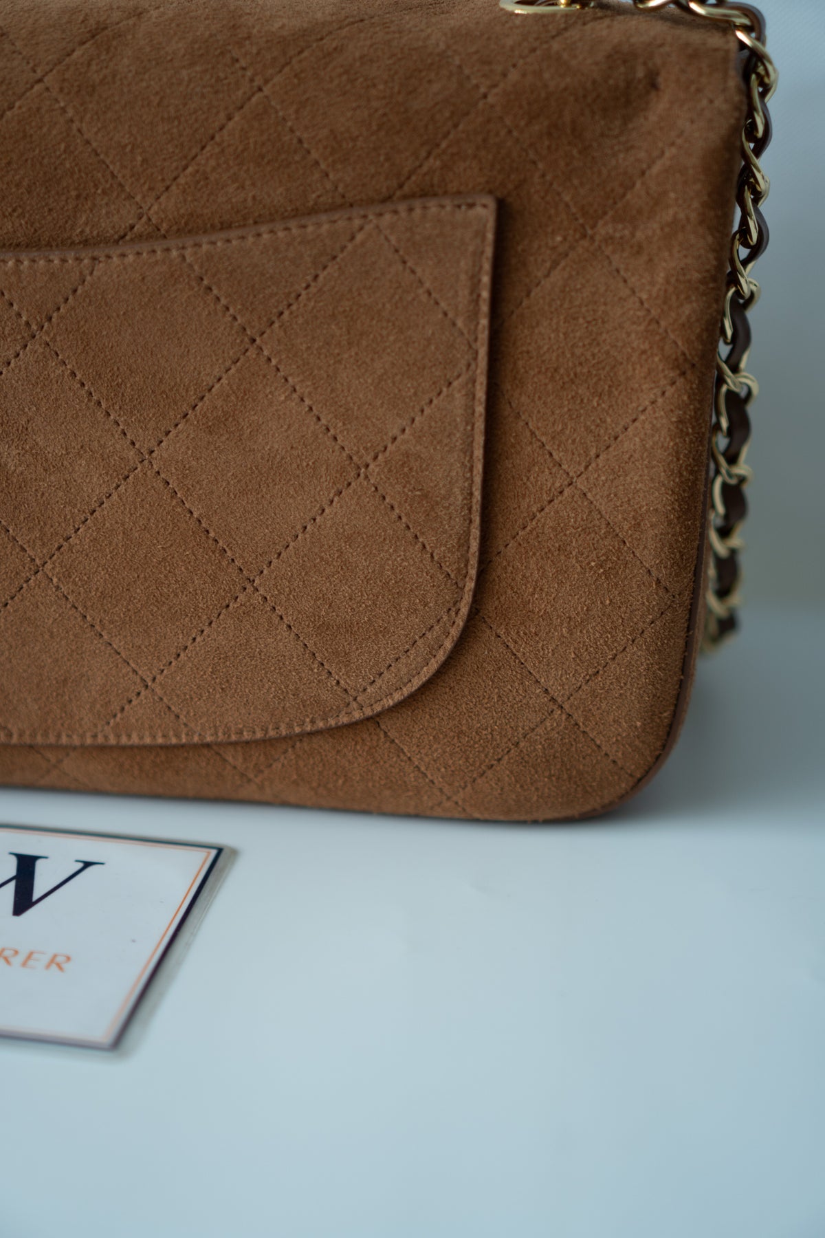 Quilted Maxi Flap Bag – Camel Suede with Gold Hardware