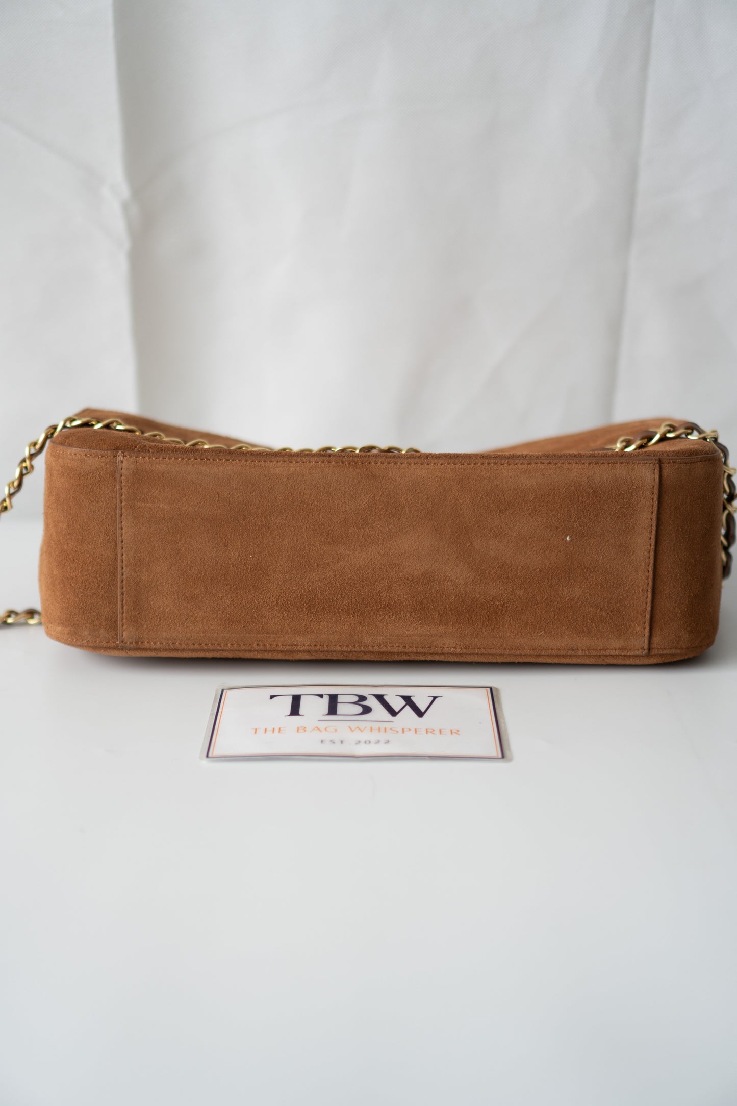 Quilted Maxi Flap Bag – Camel Suede with Gold Hardware