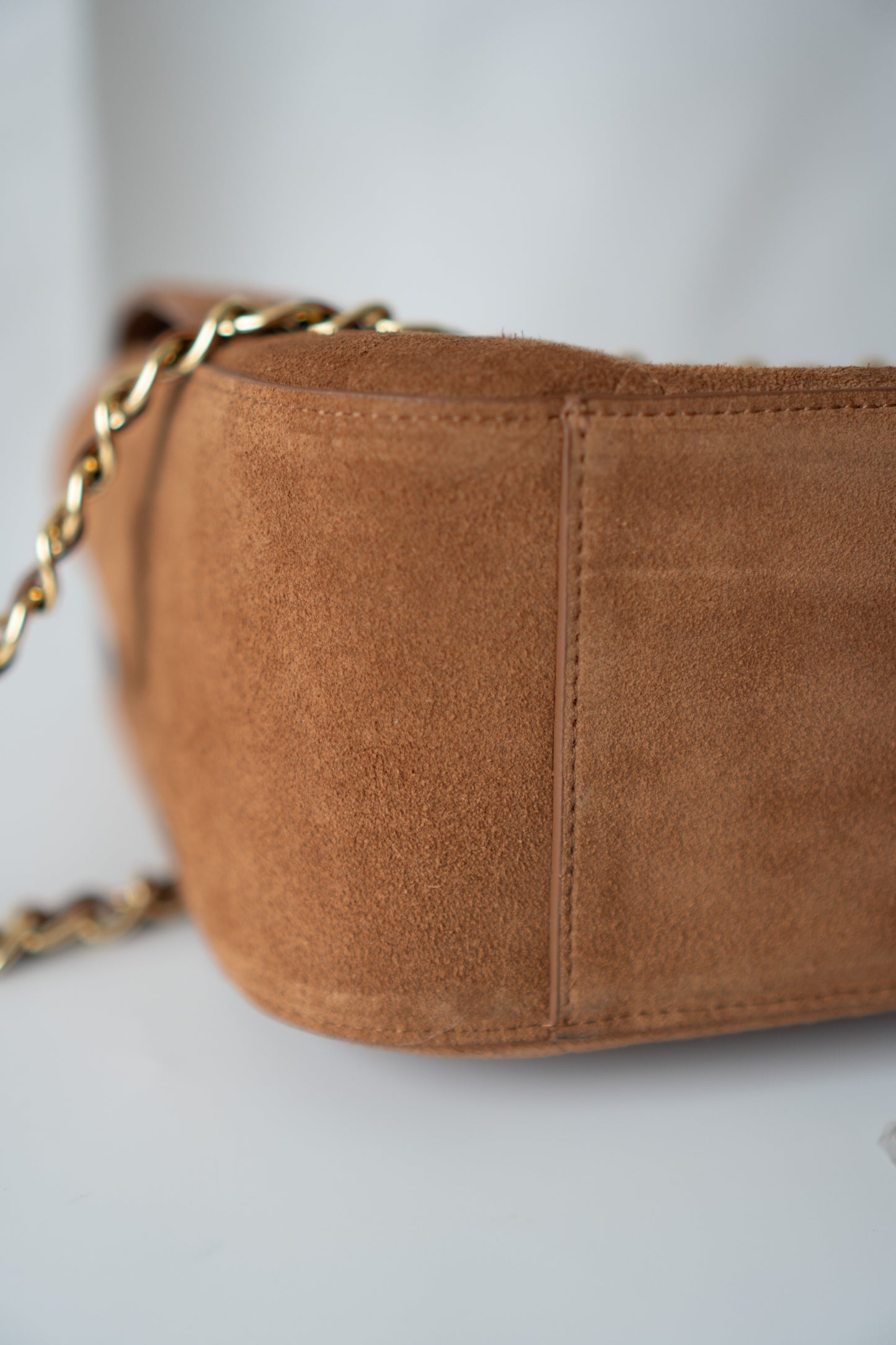 Quilted Maxi Flap Bag – Camel Suede with Gold Hardware
