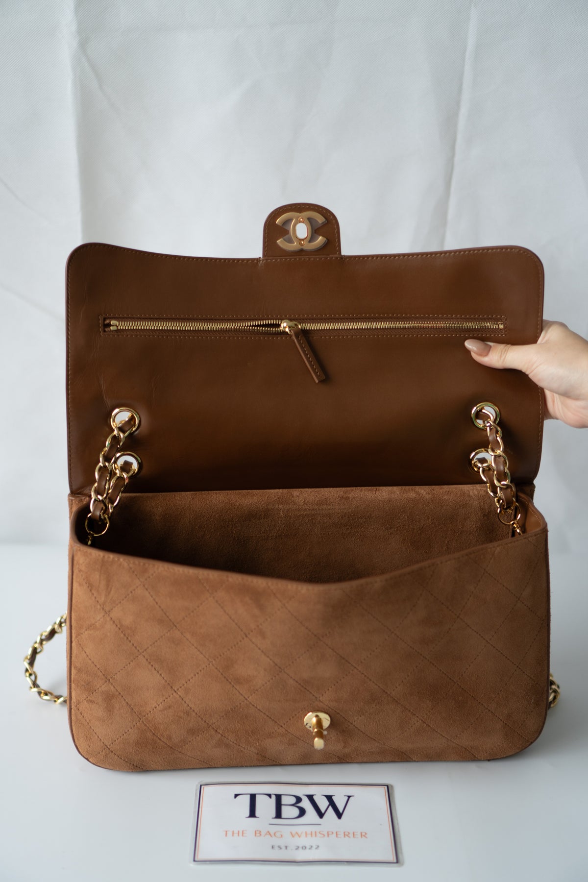 Quilted Maxi Flap Bag – Camel Suede with Gold Hardware