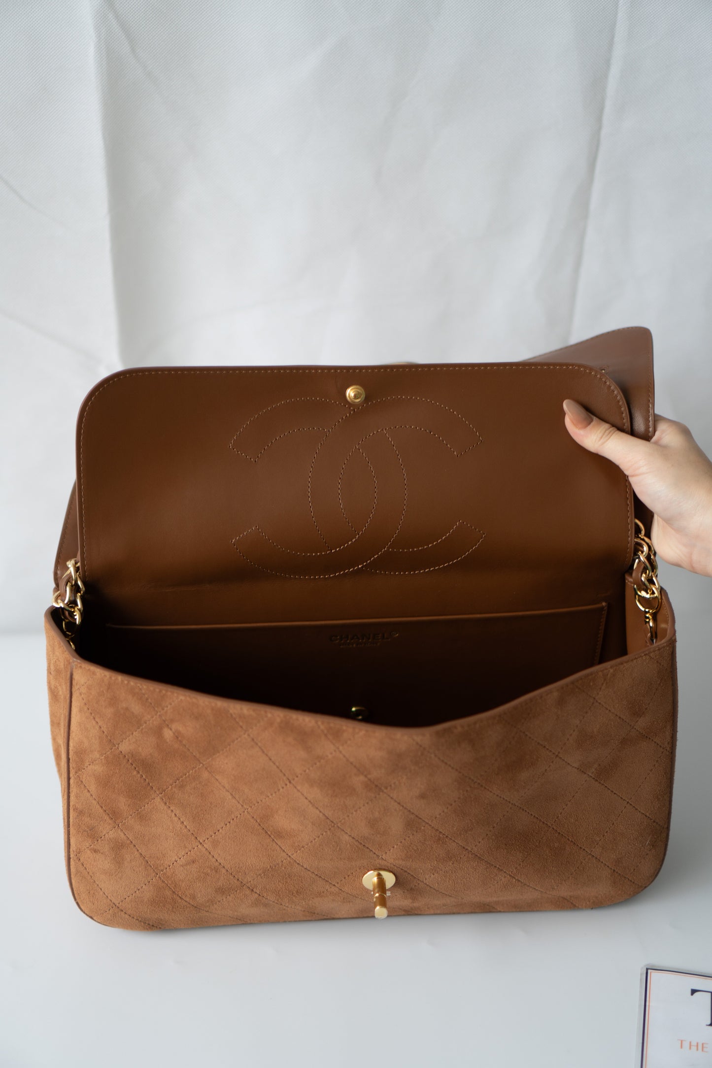 Quilted Maxi Flap Bag – Camel Suede with Gold Hardware