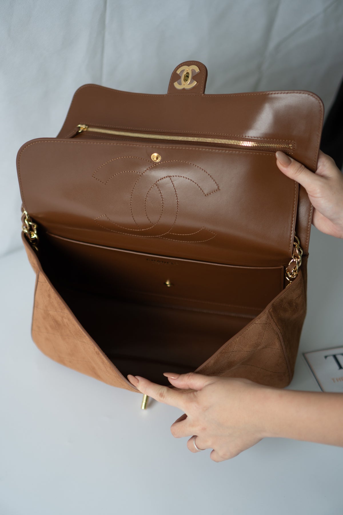 Quilted Maxi Flap Bag – Camel Suede with Gold Hardware