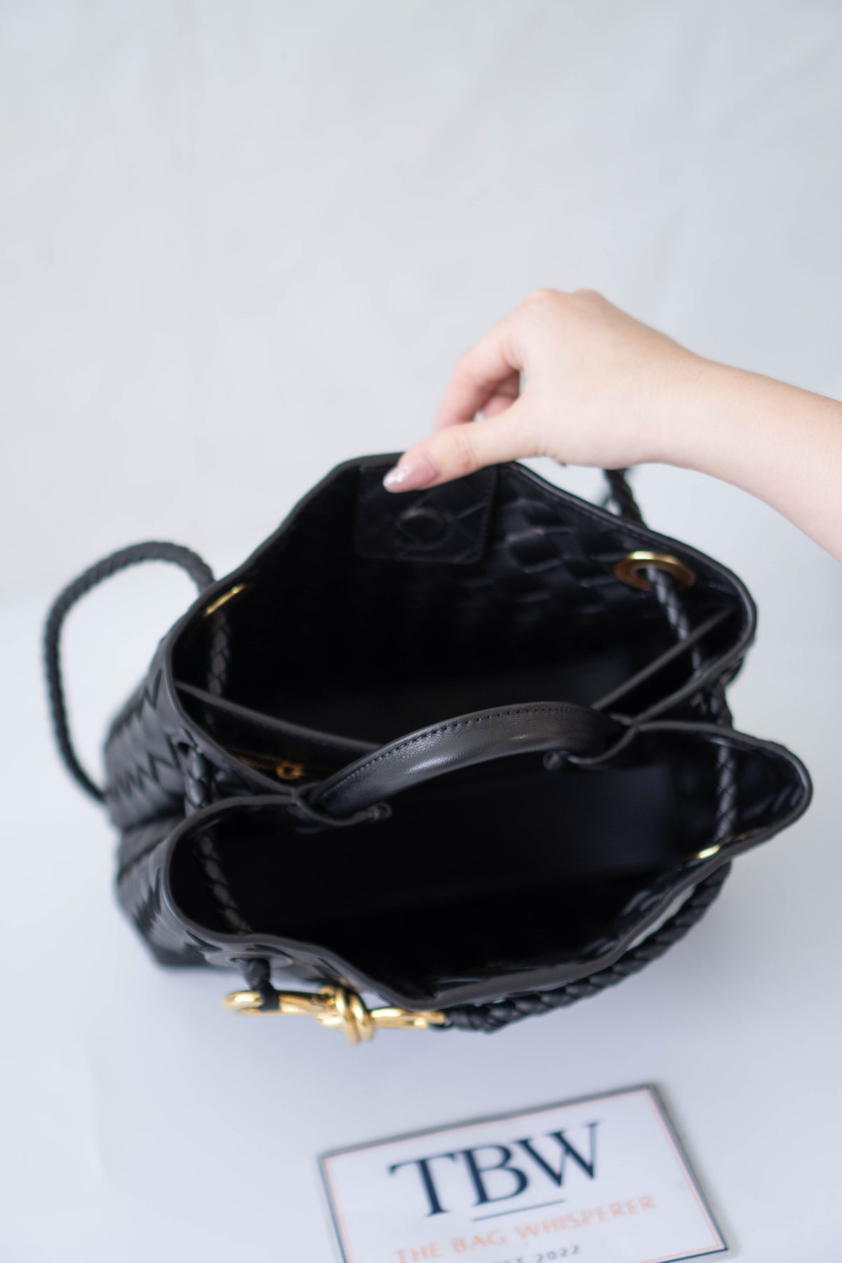 Andiamo Small Bag – Black Intrecciato Nappa Leather in Gold Hardware