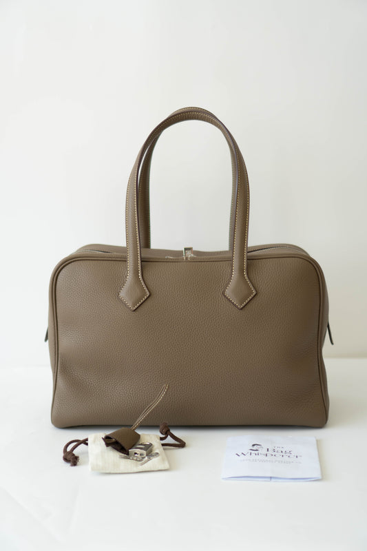 Victoria II 35 in Etoupe Taurillon Clemence with Palladium Hardware