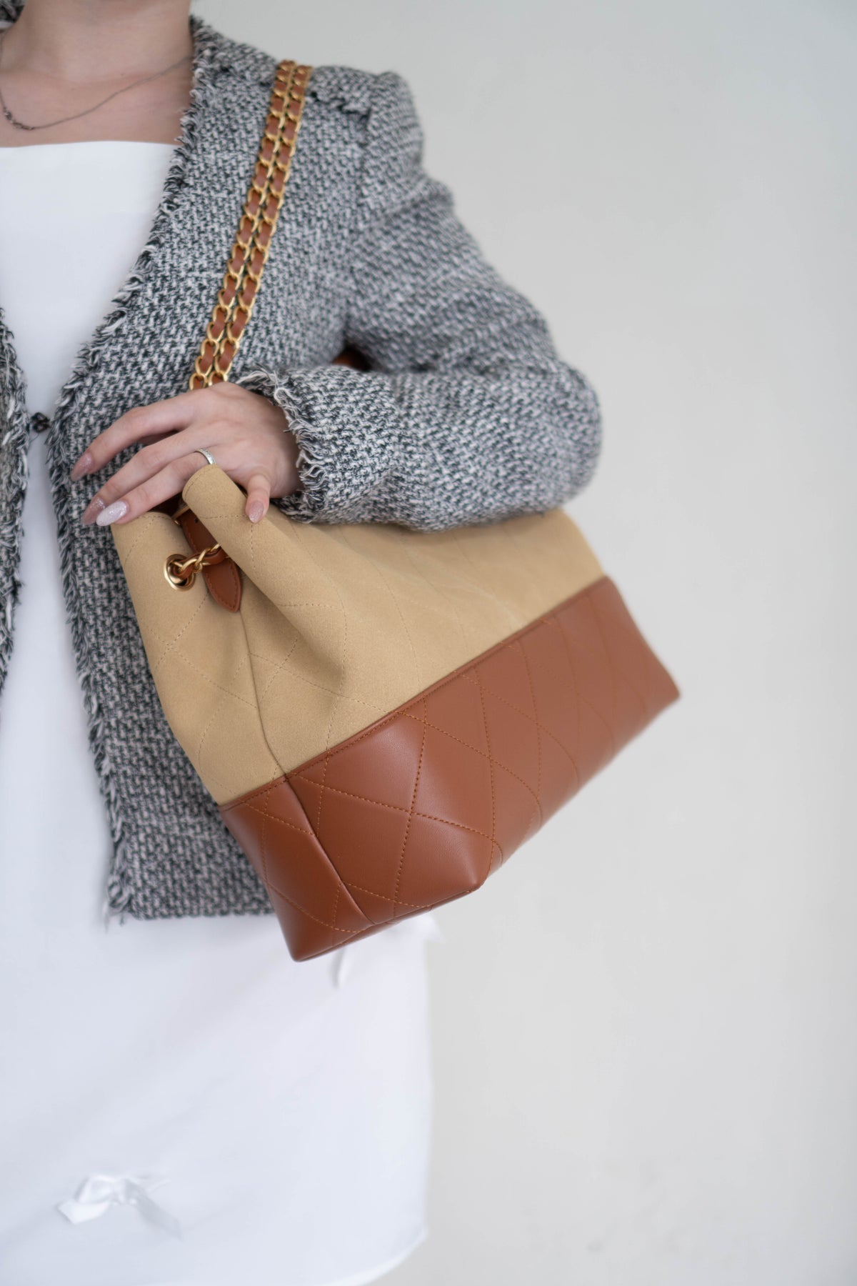 CC Large Hobo Bag – Beige Suede & Brown Calfskin