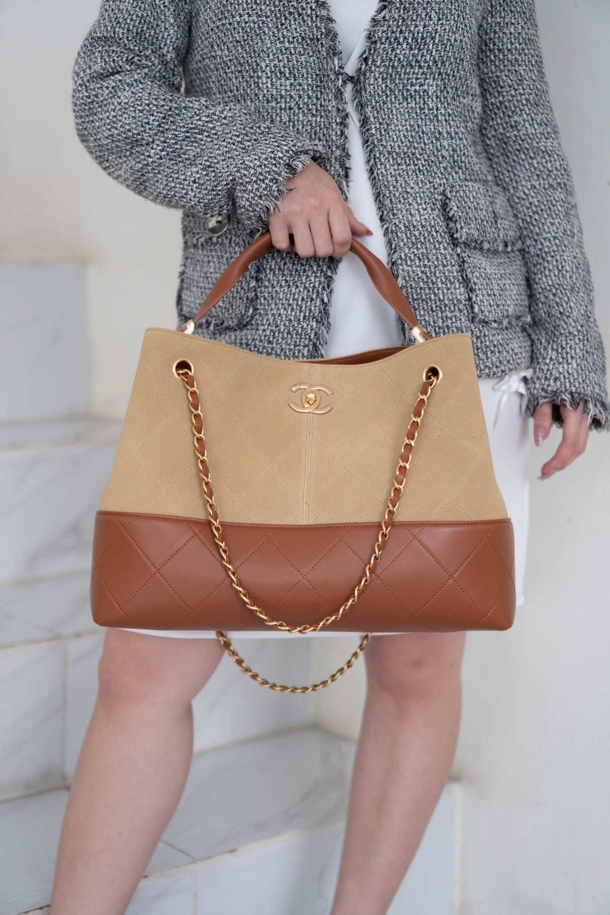 CC Large Hobo Bag – Beige Suede & Brown Calfskin