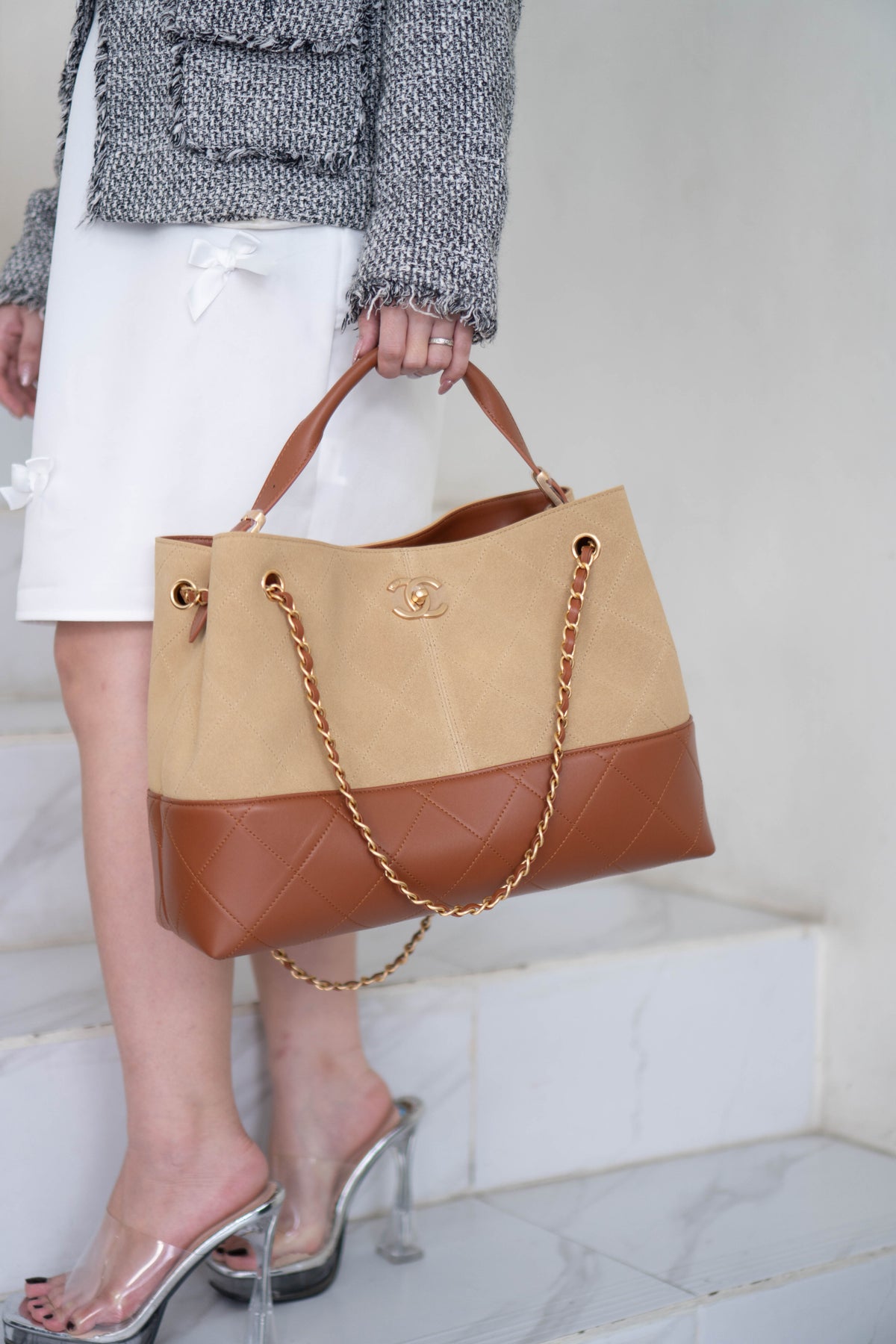 CC Large Hobo Bag – Beige Suede & Brown Calfskin