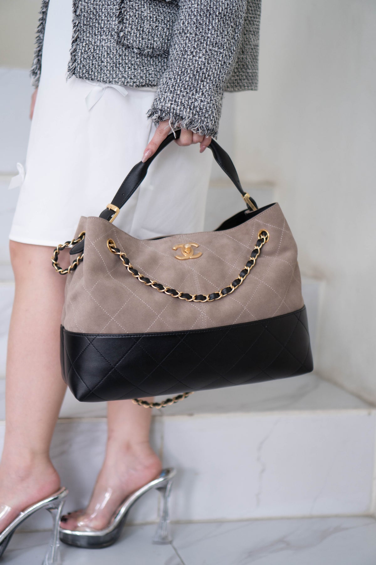 CC Large Hobo Bag – Taupe Suede & Black Calfskin