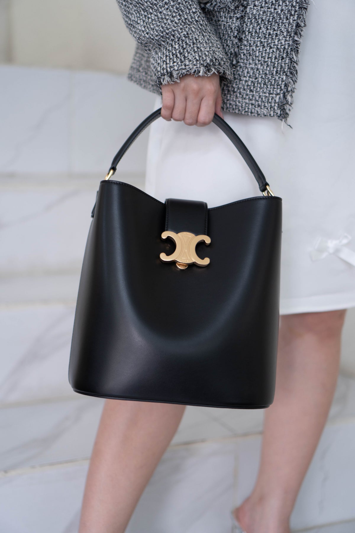 Triomphe Medium Bucket Bag – Black Smooth Calfskin in Gold Hardware