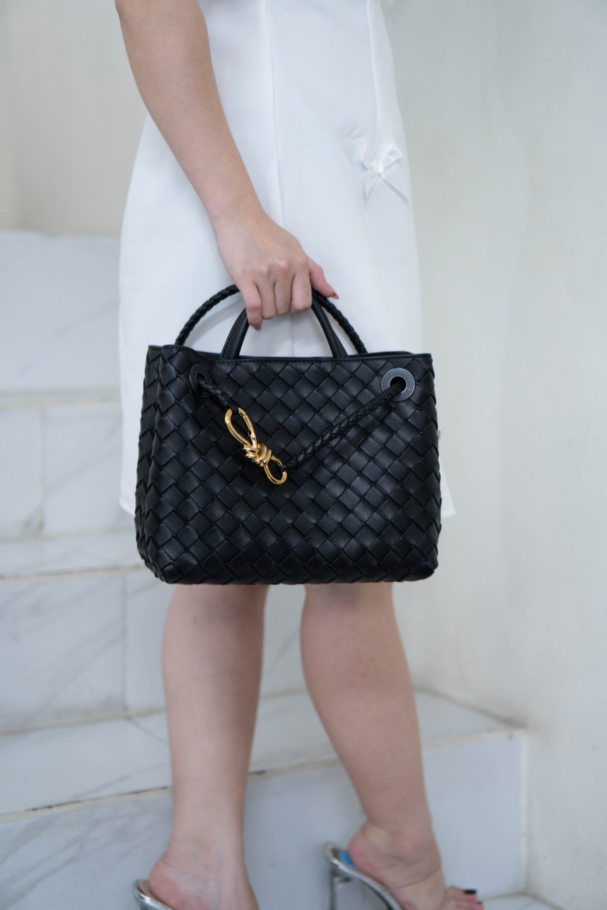 Andiamo Small Bag – Black Intrecciato Nappa Leather in Gold Hardware
