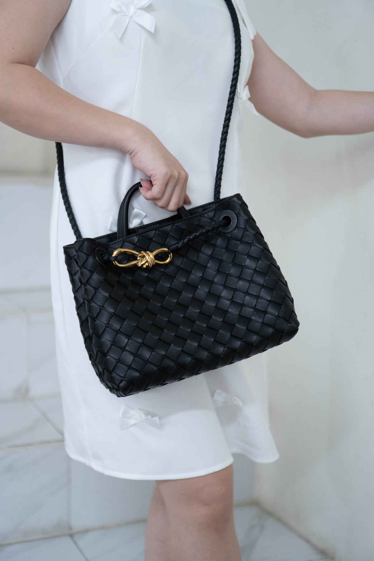 Andiamo Small Bag – Black Intrecciato Nappa Leather in Gold Hardware