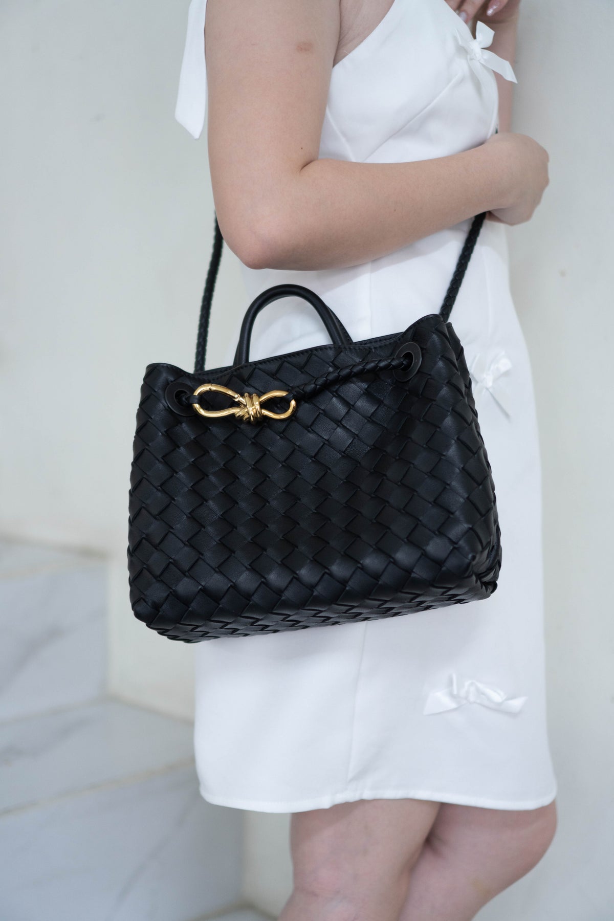 Andiamo Small Bag – Black Intrecciato Nappa Leather in Gold Hardware