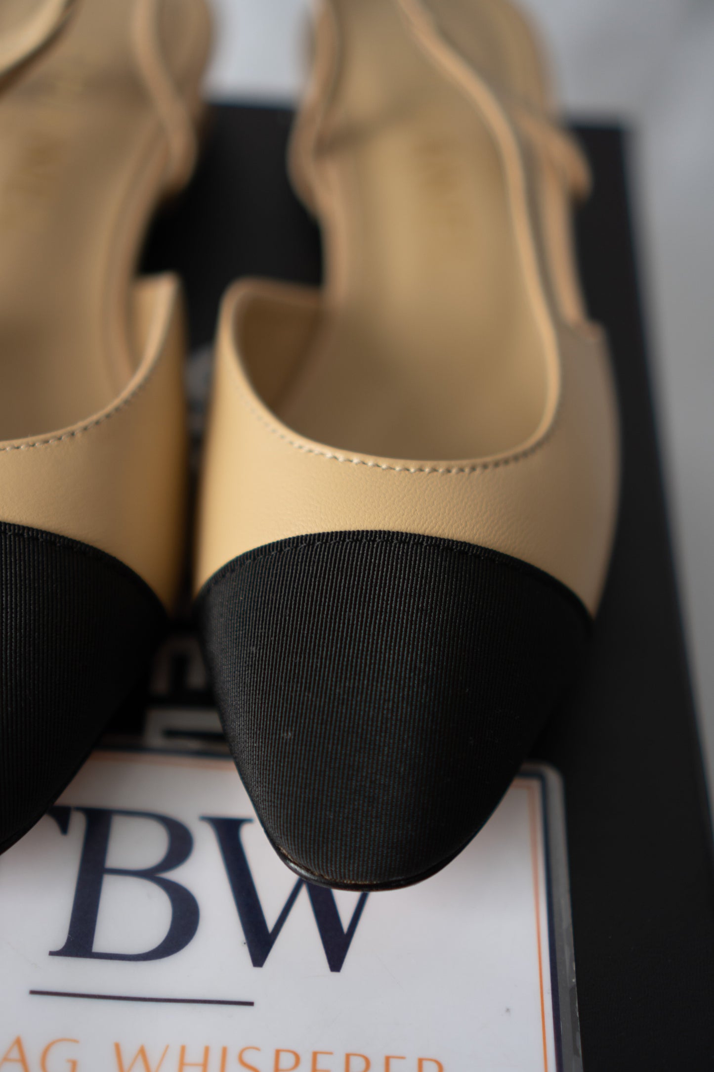 Classic Two-Tone Slingback Flats – Beige Leather with Black Grosgrain Toe