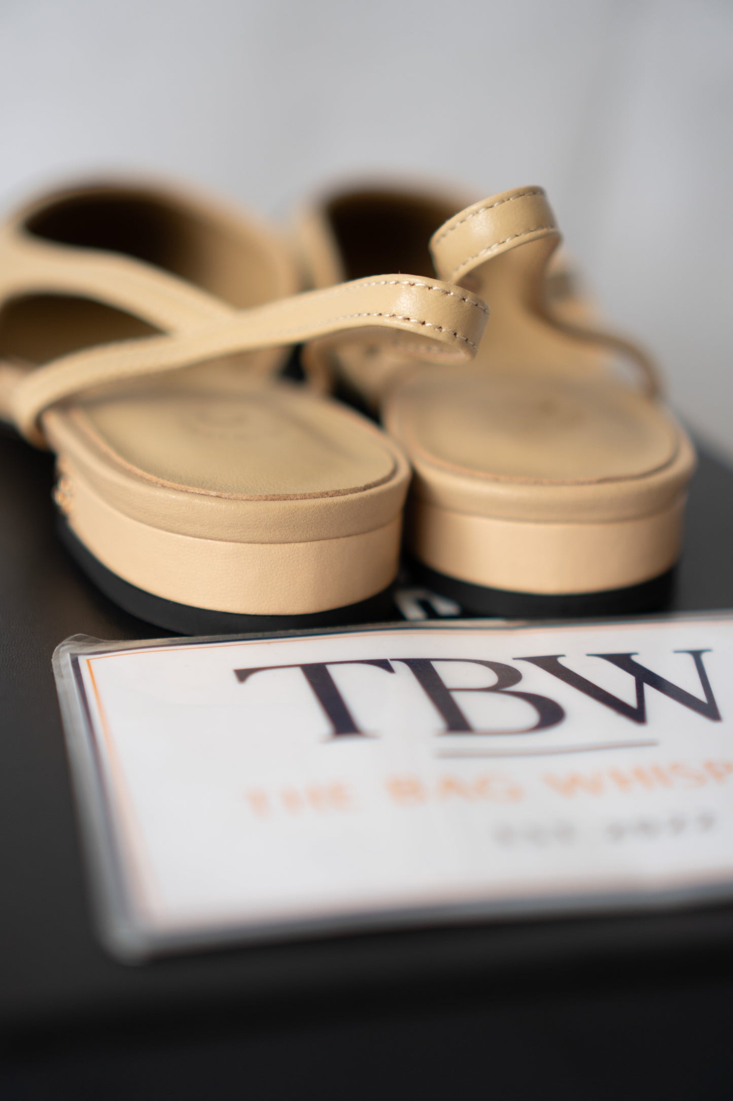 Classic Two-Tone Slingback Flats – Beige Leather with Black Grosgrain Toe