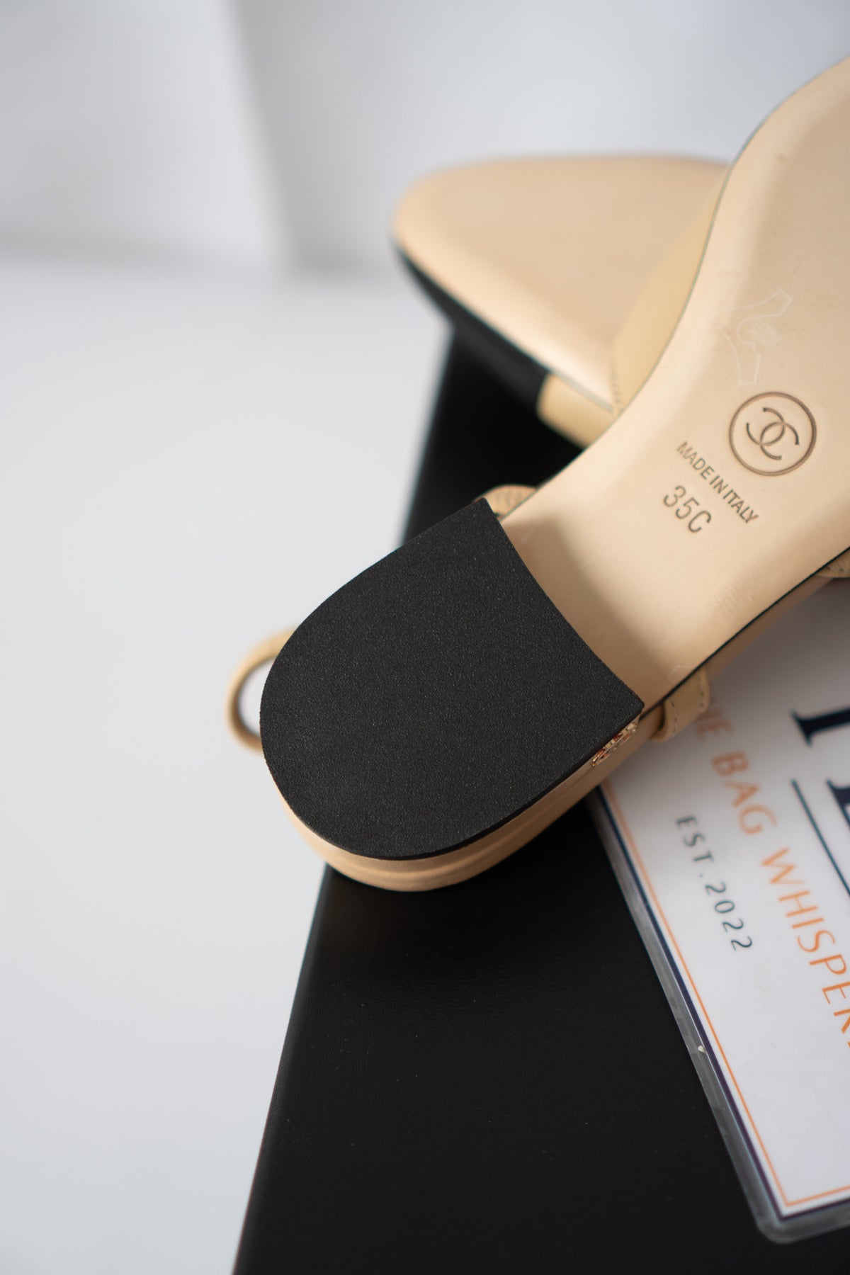 Classic Two-Tone Slingback Flats – Beige Leather with Black Grosgrain Toe
