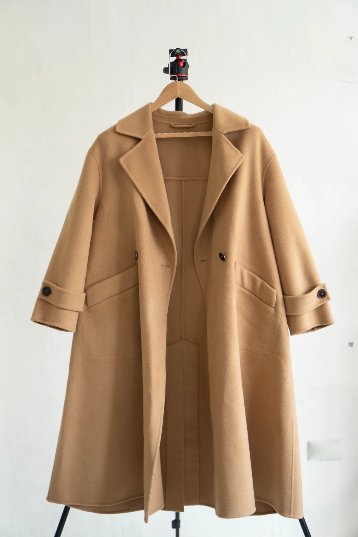long camel-colored double-faced wool coat
