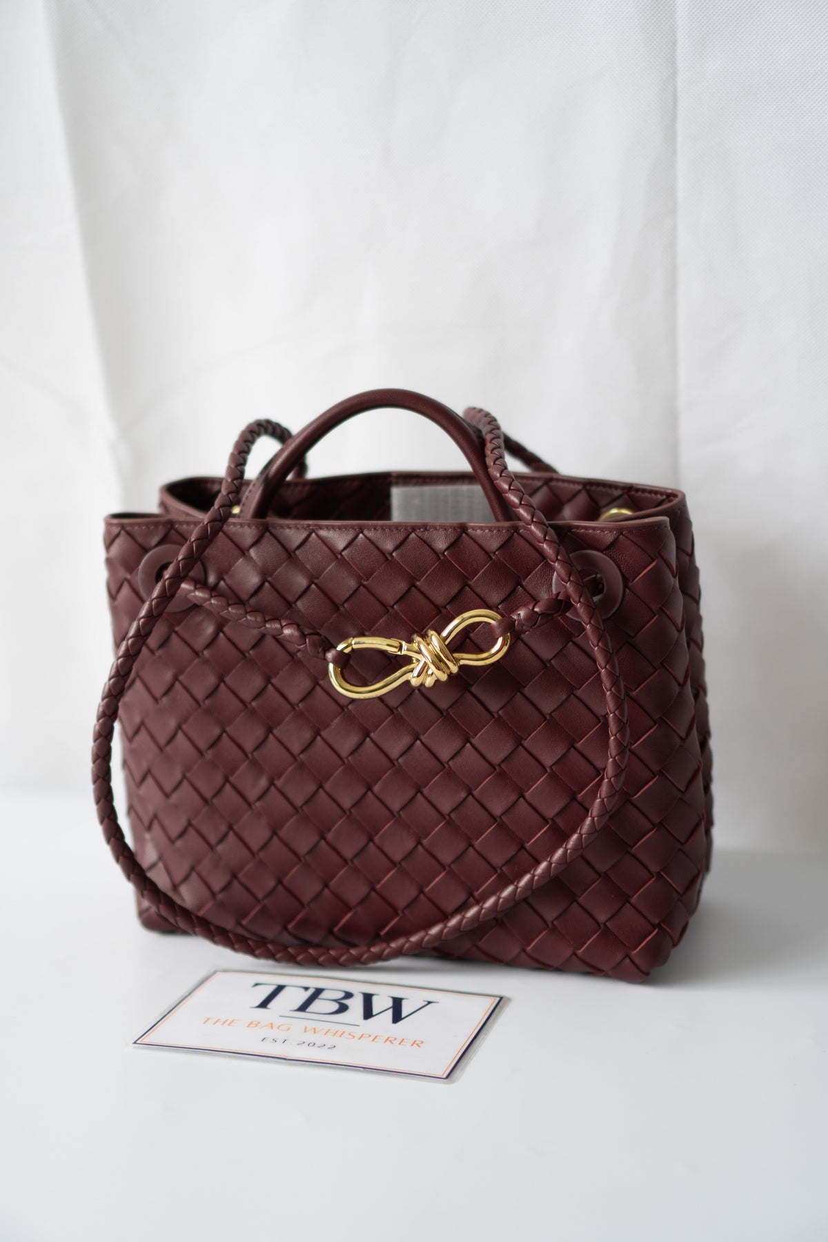 Small Woven Top Handle Bag – Burgundy Nappa Leather  Details:
