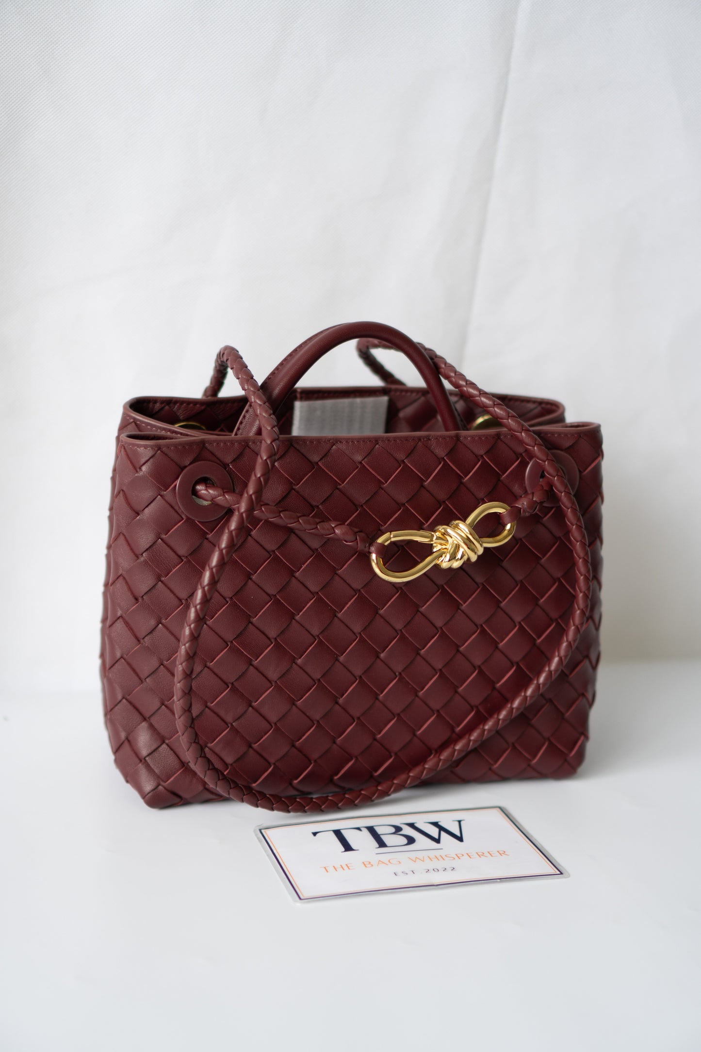 Small Woven Top Handle Bag – Burgundy Nappa Leather  Details: