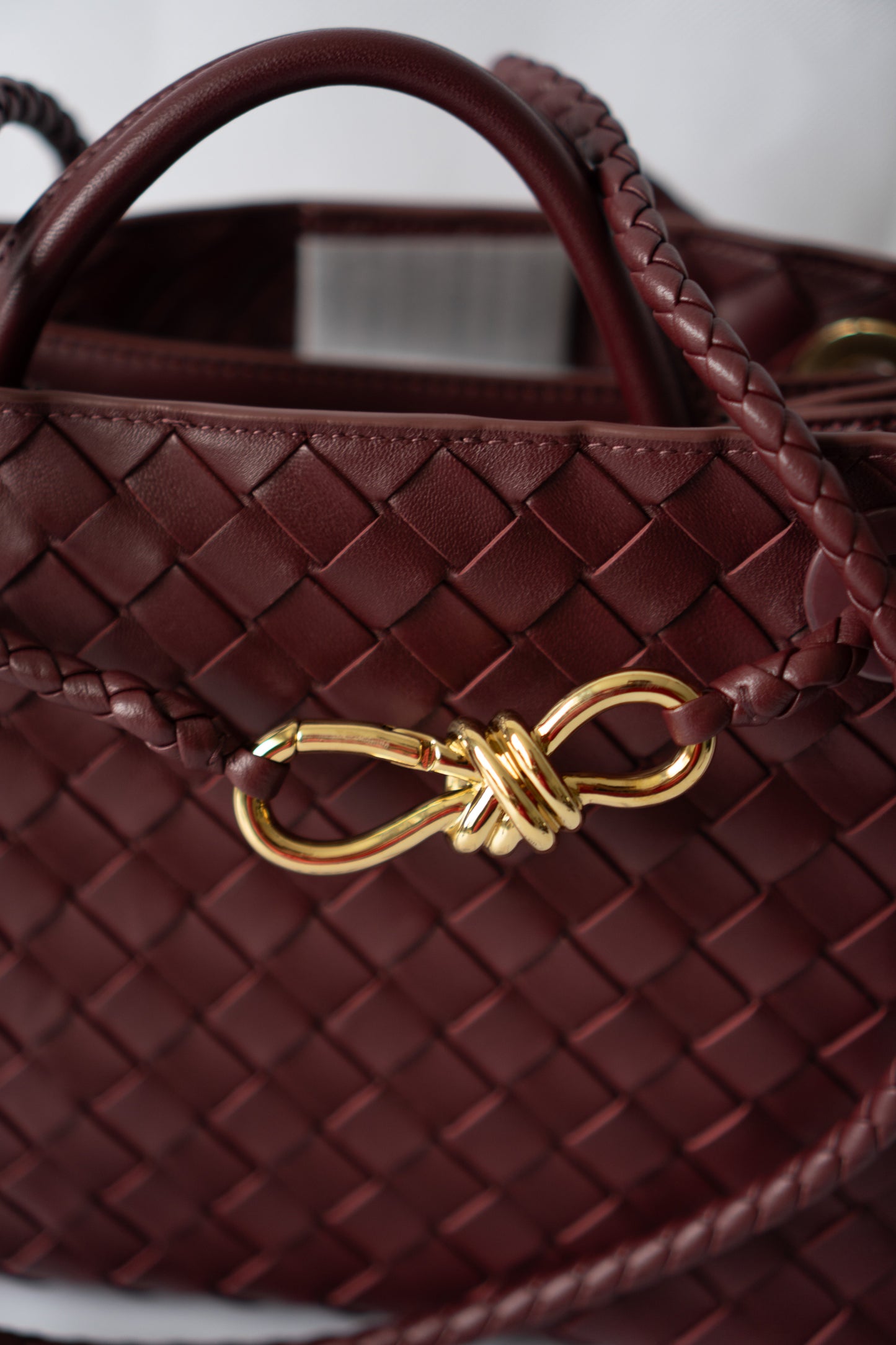 Small Woven Top Handle Bag – Burgundy Nappa Leather  Details: