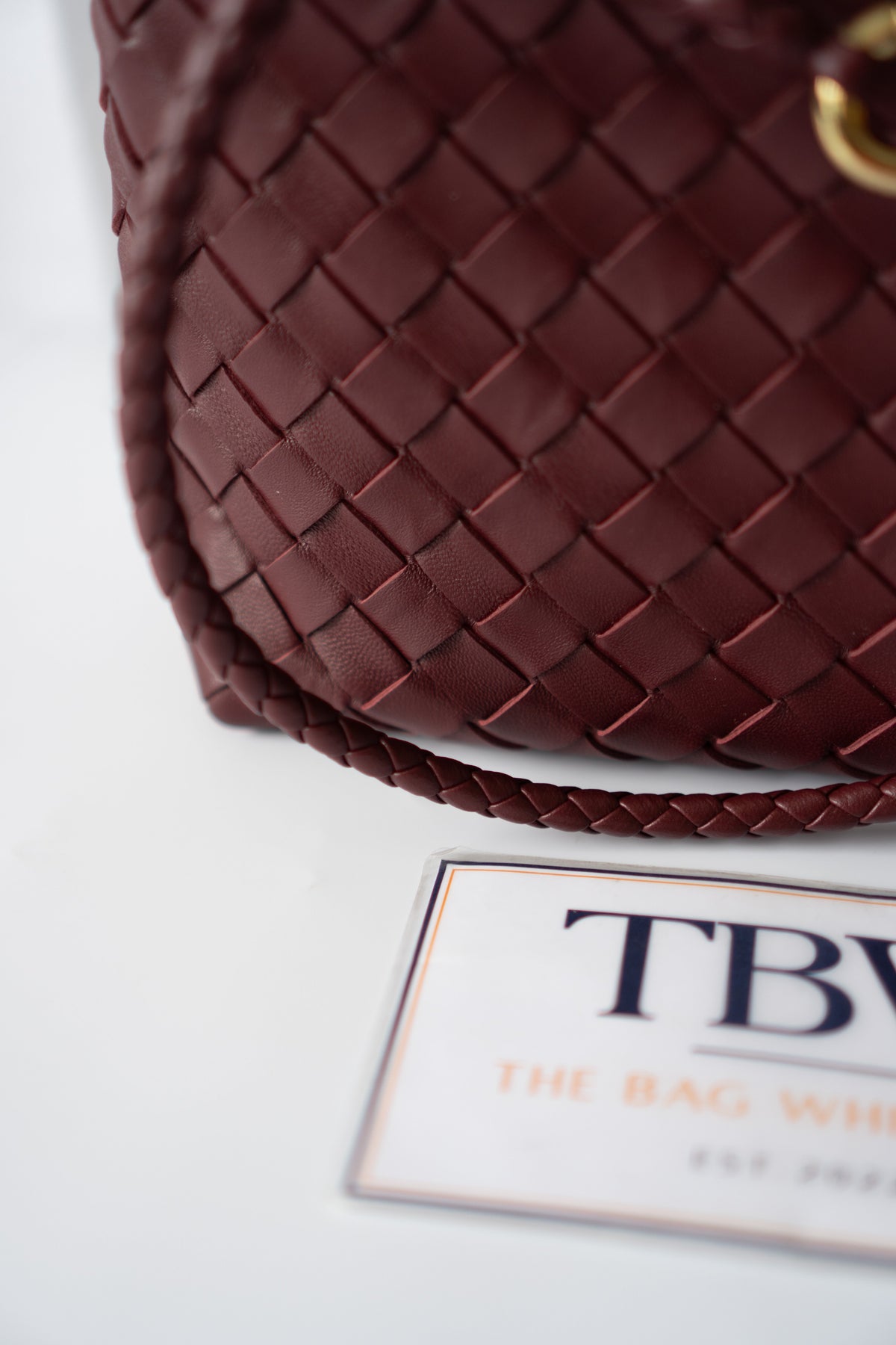 Small Woven Top Handle Bag – Burgundy Nappa Leather  Details: