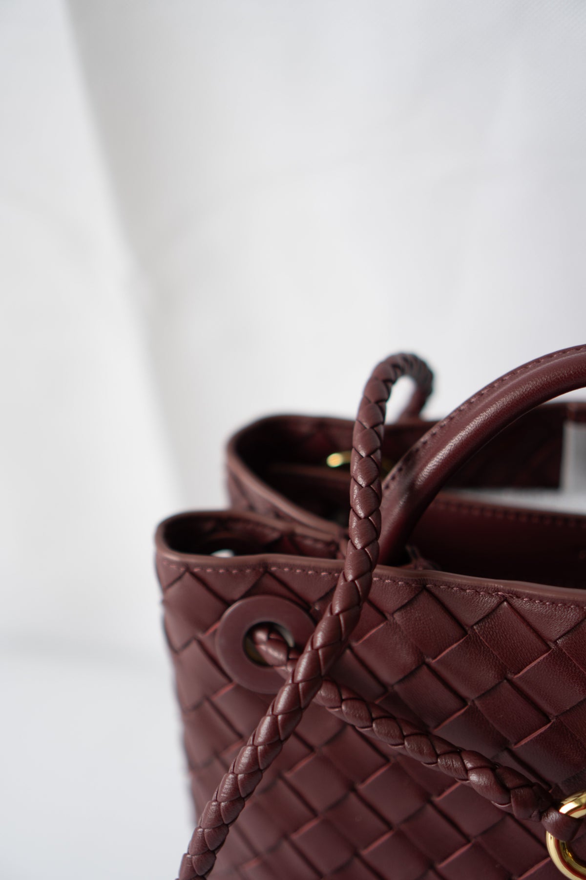 Small Woven Top Handle Bag – Burgundy Nappa Leather  Details: